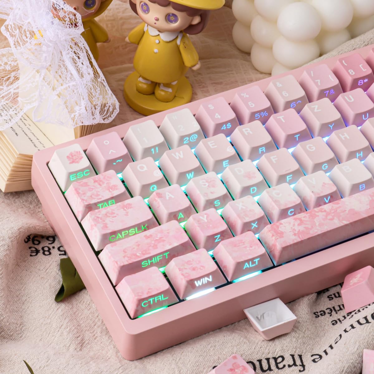 Keycaps Lot de 133 touches en PBT allemands Double Shot Rose Cherry Blossom Dye-Sub Cherry Profile Side Printed Shine Through Keycaps for Cherry MX Switch ISO QWERTZ Layout Clavier mécanique
