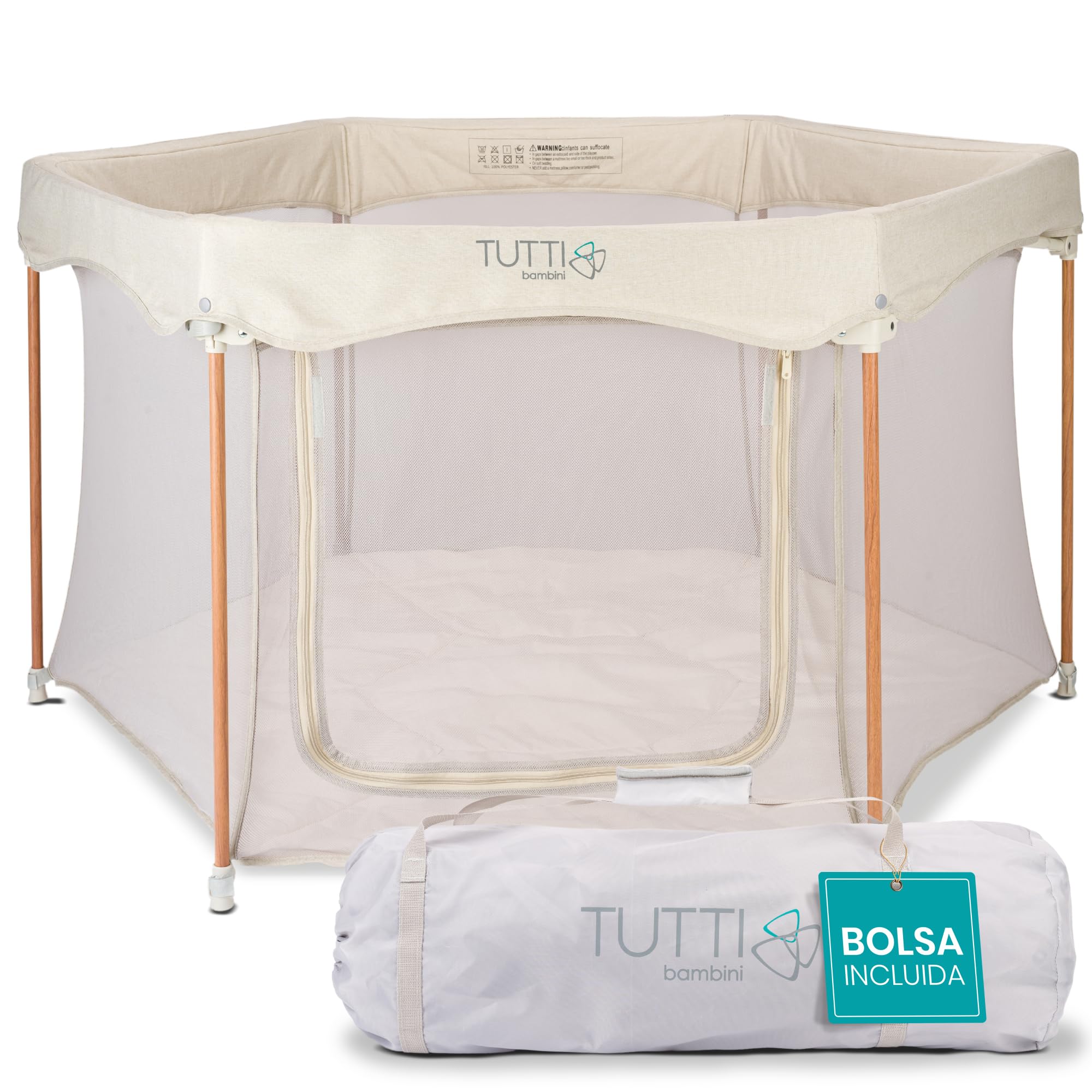 Tutti Bambini Parque Infantil Bebe - Corralito Bebe Plegable con Paredes de Malla, Puerta con Cremallera, Colchoneta de Suelo y Bolsa de Transporte - 135 x 135 x 75 cm - (Crudo)