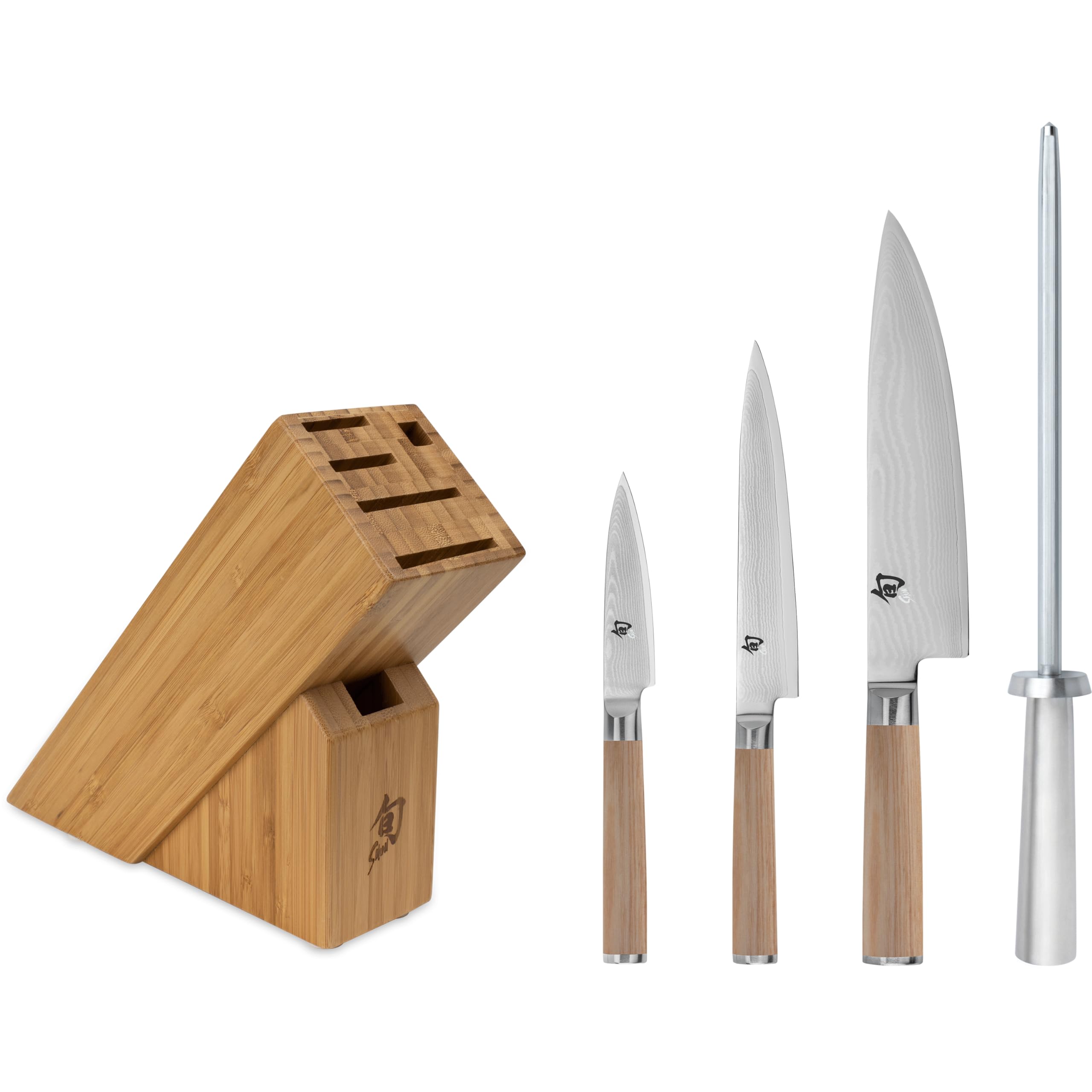 Shun Classic Blonde - Juego de 5 cuchillos de iniciación para cocinero, utilidad y cuchillos de pelar con acero pulido y bloque; asas de madera Pakka, cuchillas VG-MAX, grande