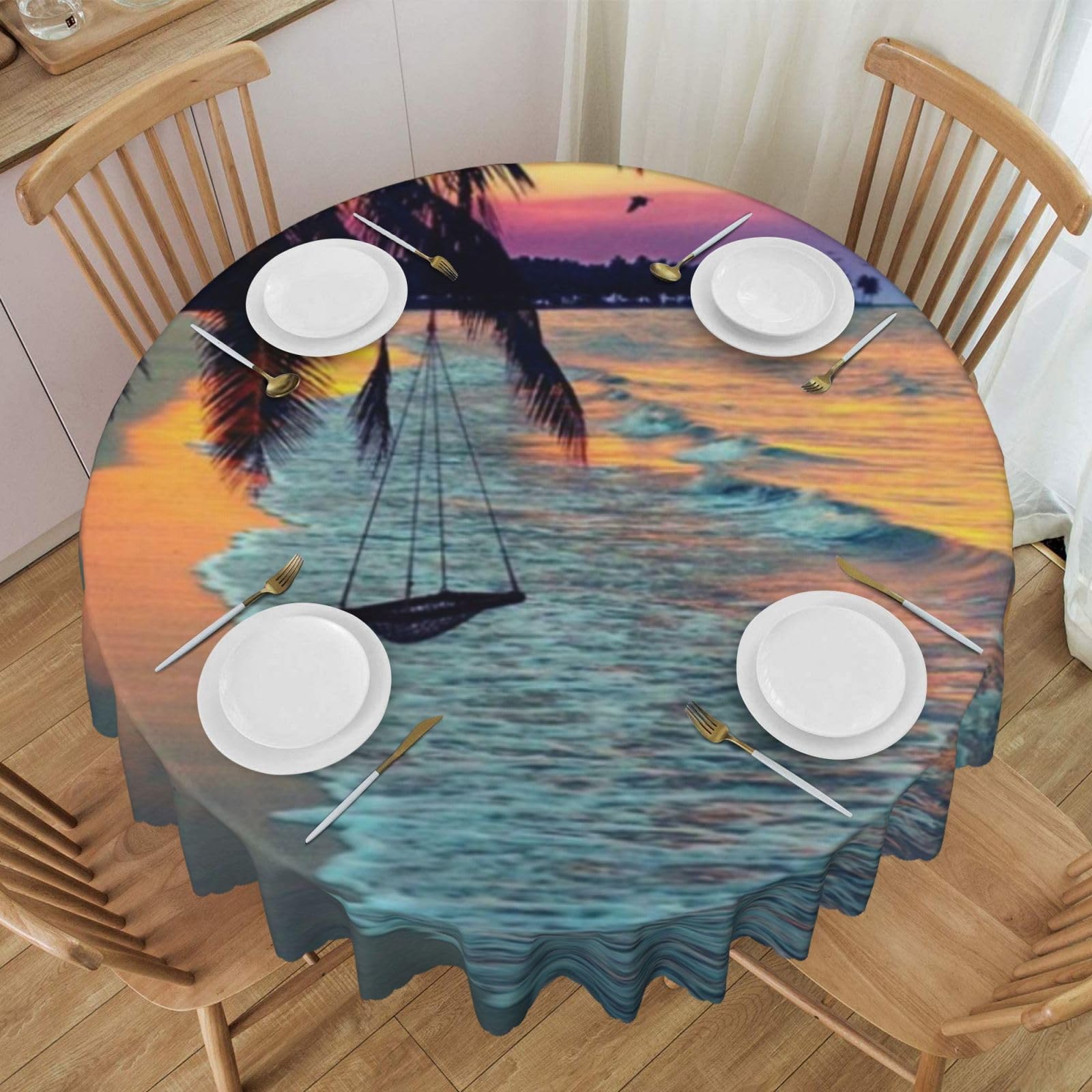 DCEHGEW 60 In Round Tablecloth with Lace, Coconut Beach Sunset Hammock Printed Oilproof & Washable Fabric Picnic Table Cloth Table Covers