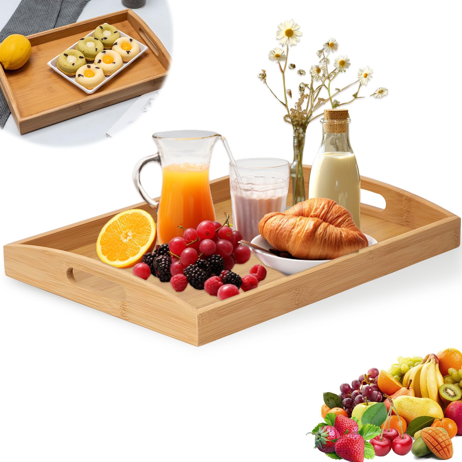 Vassoio Legno Rettangolare con Manici, Vassoio Servire Bambù Cucina per Soggiorno o Decorazione, Vassoio Portata Alimenti per Colazione, Tè, Caffè, Pane (45 x 28 x 3.5 cm, Naturale)