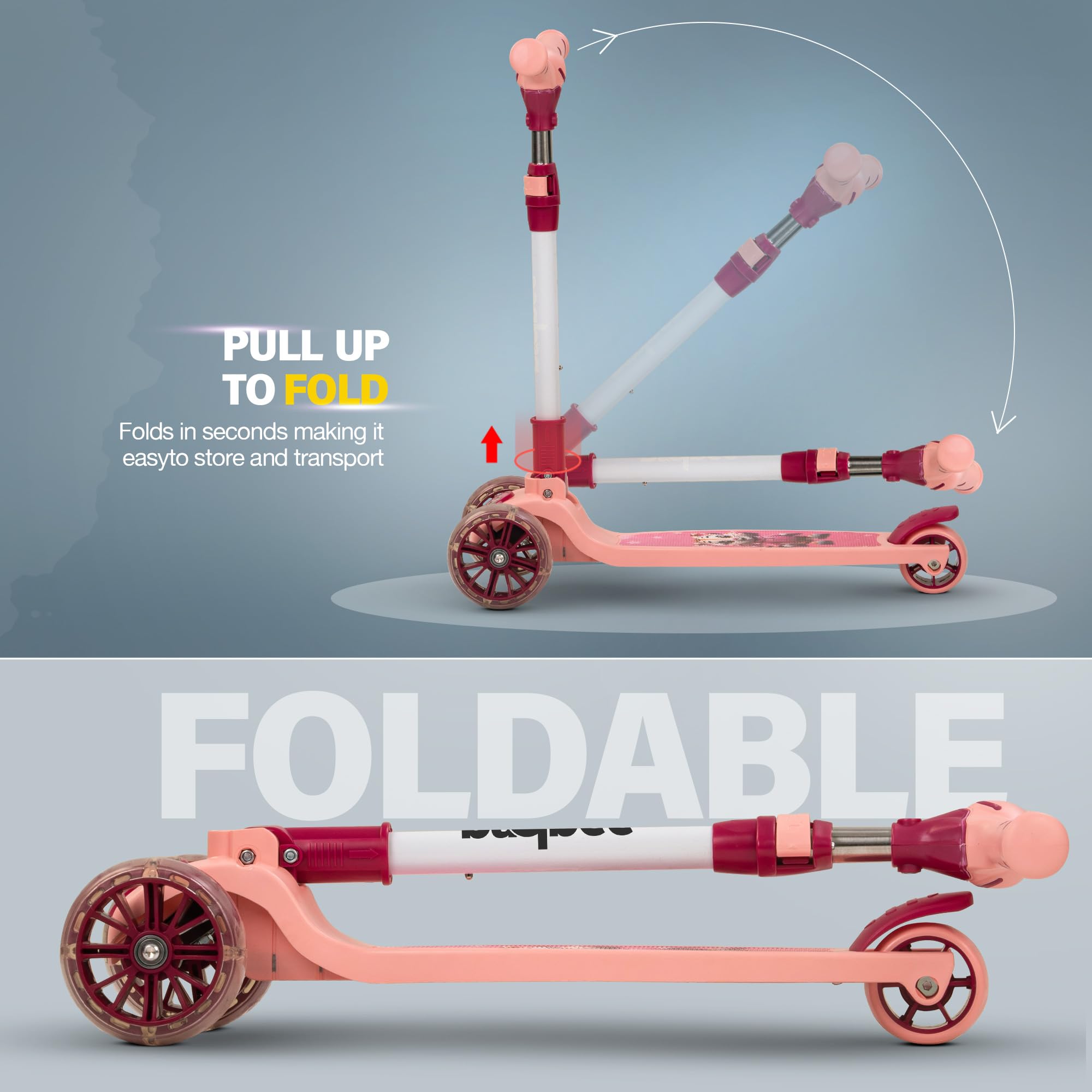 Baybee Kitty Kick Scooter for Kids | Foldable 3 Wheel Kid Scooter with 4 Height Adjustable Handle & Brake | Skate Scooters with LED PU Wheels | Runner Scooters for Kids 3 to 10 Years Boys Girls (Pink) - Image 6 thumbnail