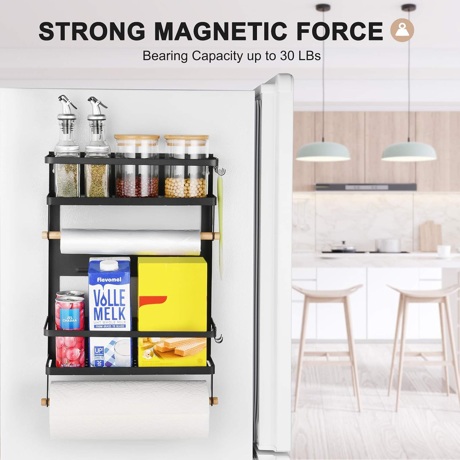 X-Chef Magnetic Spice Rack for Refrigerator, Magnetic Shelf Fridge Organizer, 4 Tier Magnet Kitchen Rack with 5 Removable Hooks and 2 Paper Towel Holders, Black