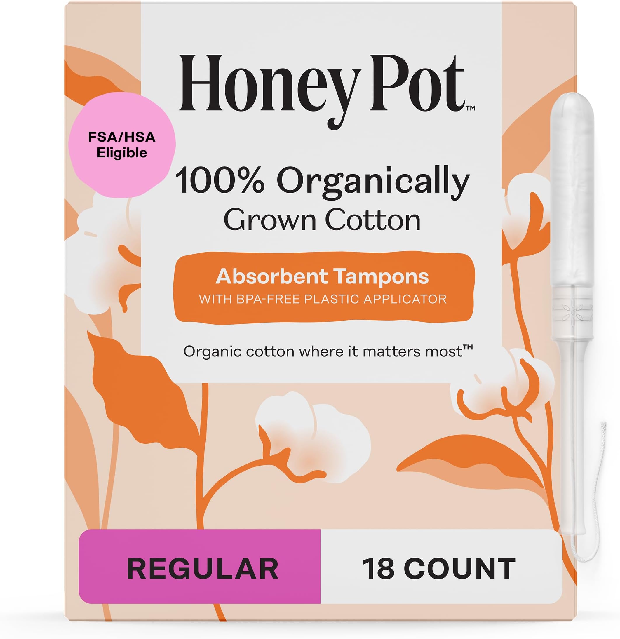 The Honey Pot Company Regular Organic Cotton Tampons 18 Count