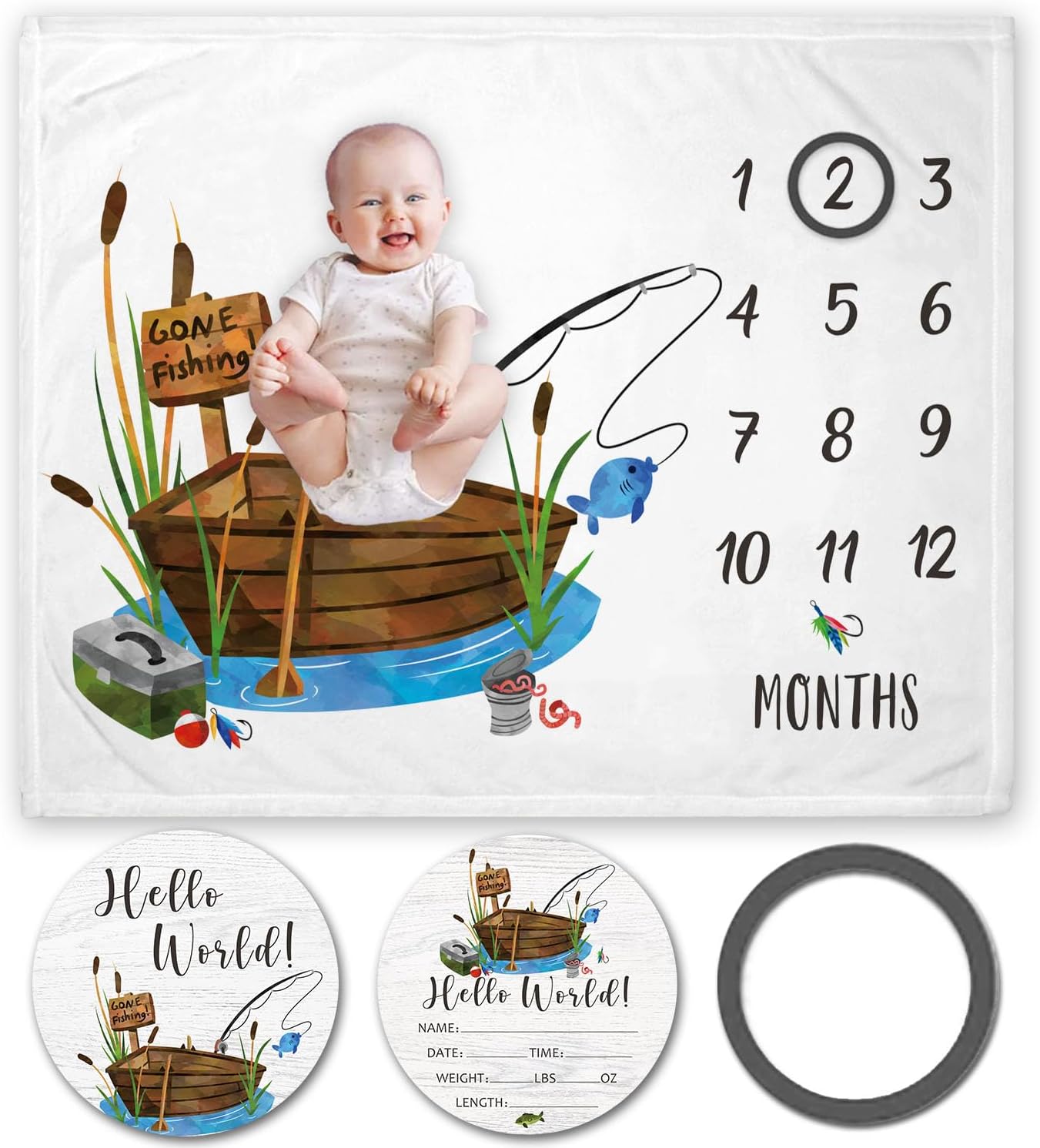 Yuzioey Fishing Baby Milestone Blanket with Birth Stat Sign, Gone Fishing Growth Chart Monthly Blanket, Watch Me Grow Boat Baby Nursery for New Moms Shower(50"x40")