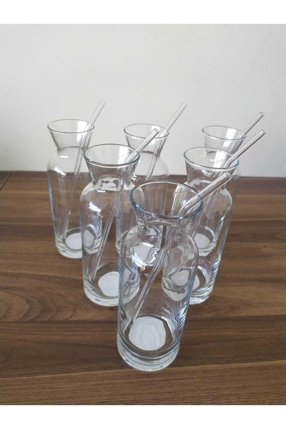 Aybaba Store Cam Pipetli Meşrubat Bardağı Limonata Bardak Süt Şişesi Sunum Karaf 6 Adet