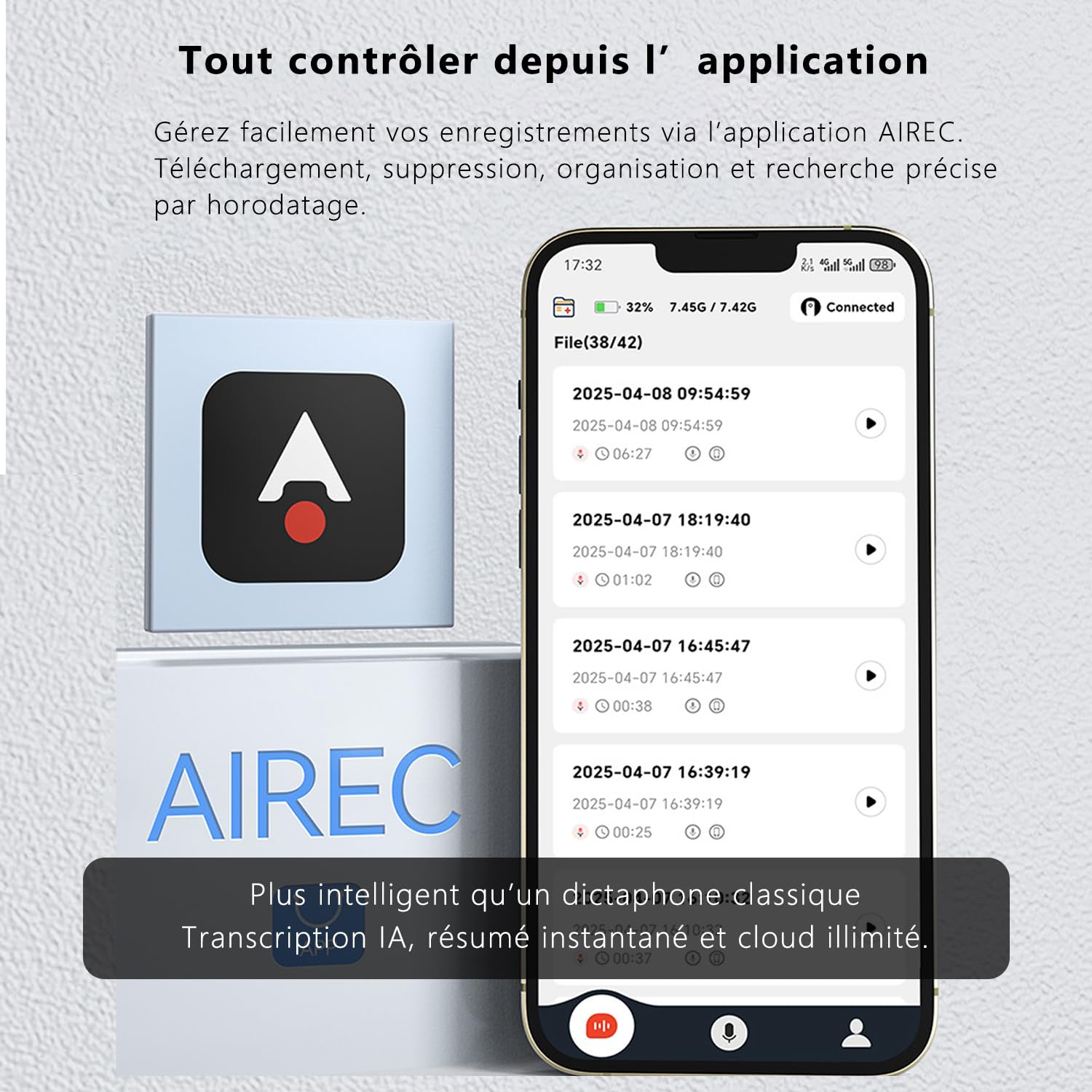 Stylo dictaphone avec Transcription Via Application, Micro 360°, Enregistrement 1 clic, Traduction en Temps réel, Batterie 10 h, mémoire 16 Go, pour réunions, Cours et entretiens