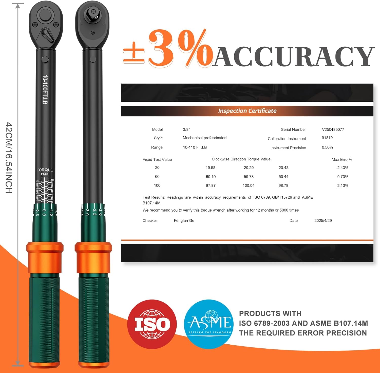 3/8 Drive Torque Wrench, 10-100 Ft-lb, ±3% High Accuracy Click Torque Wrench with 72-Tooth Dual-Direction Head for Spark Plugs, Engine Repair, Motorcycles and Automotive Maintenance