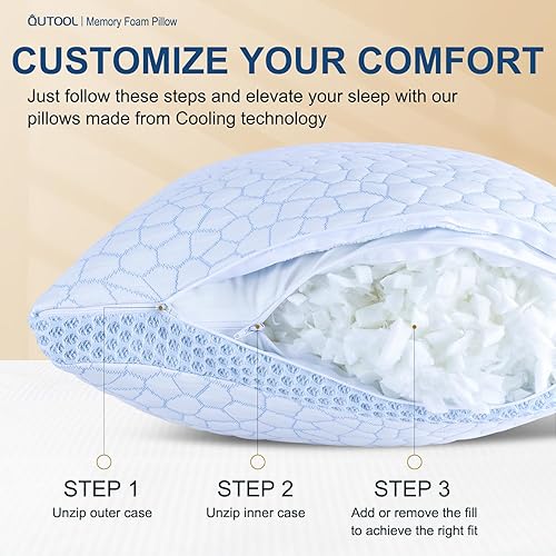 Miniatura 5 de QUTOOL Juego de 2 almohadas refrescantes mejoradas de tamaño Queen, almohadas de espuma viscoelástica trituradas CertiPUR-US para personas que