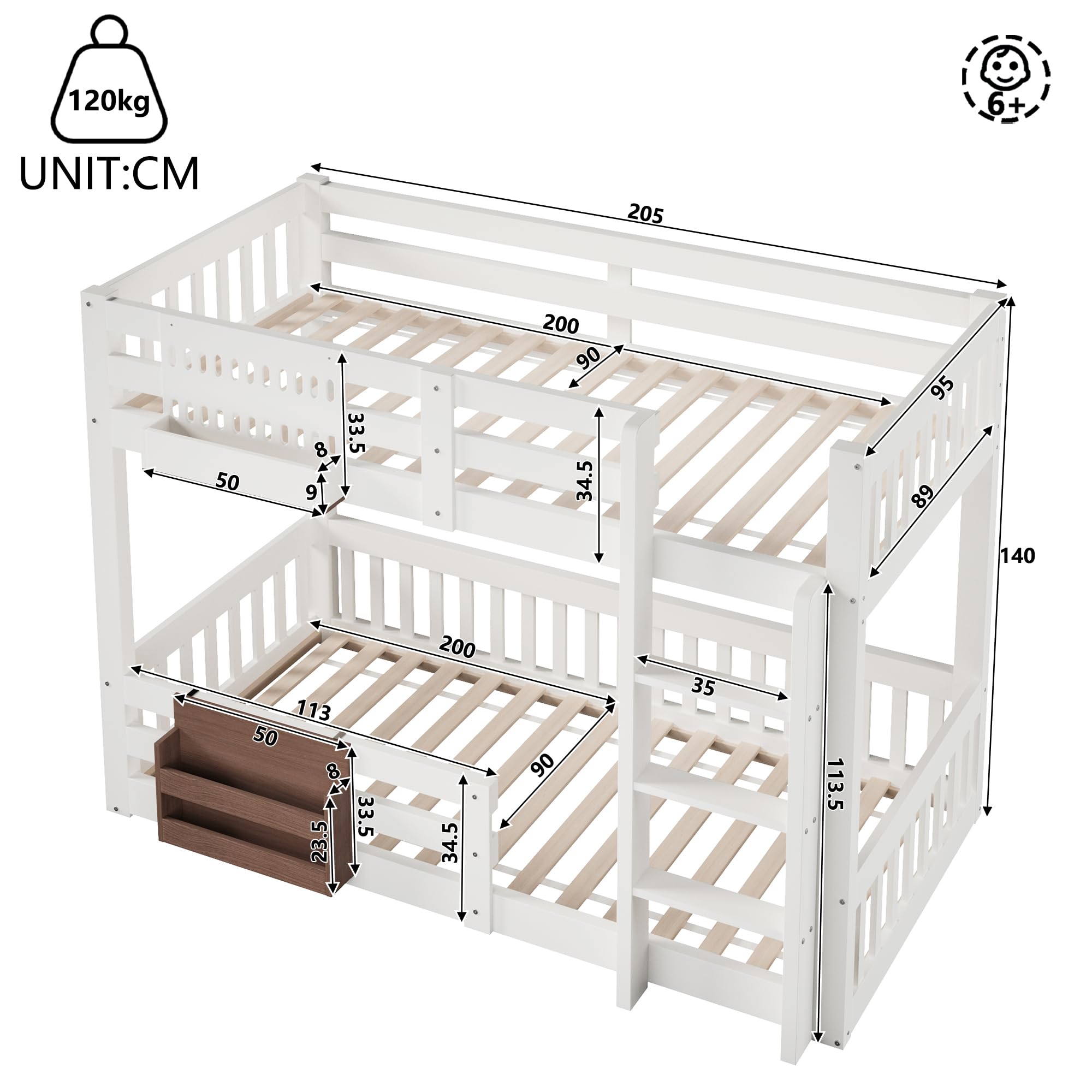 Kinderbett Etagenbett 90x200cm,für 2 Kinder Hochbett,mit Treppe und Aufbewahrungsfächer,mit Rausfallschutz und Lattenrost,Ohne Matratze (90x200cm)