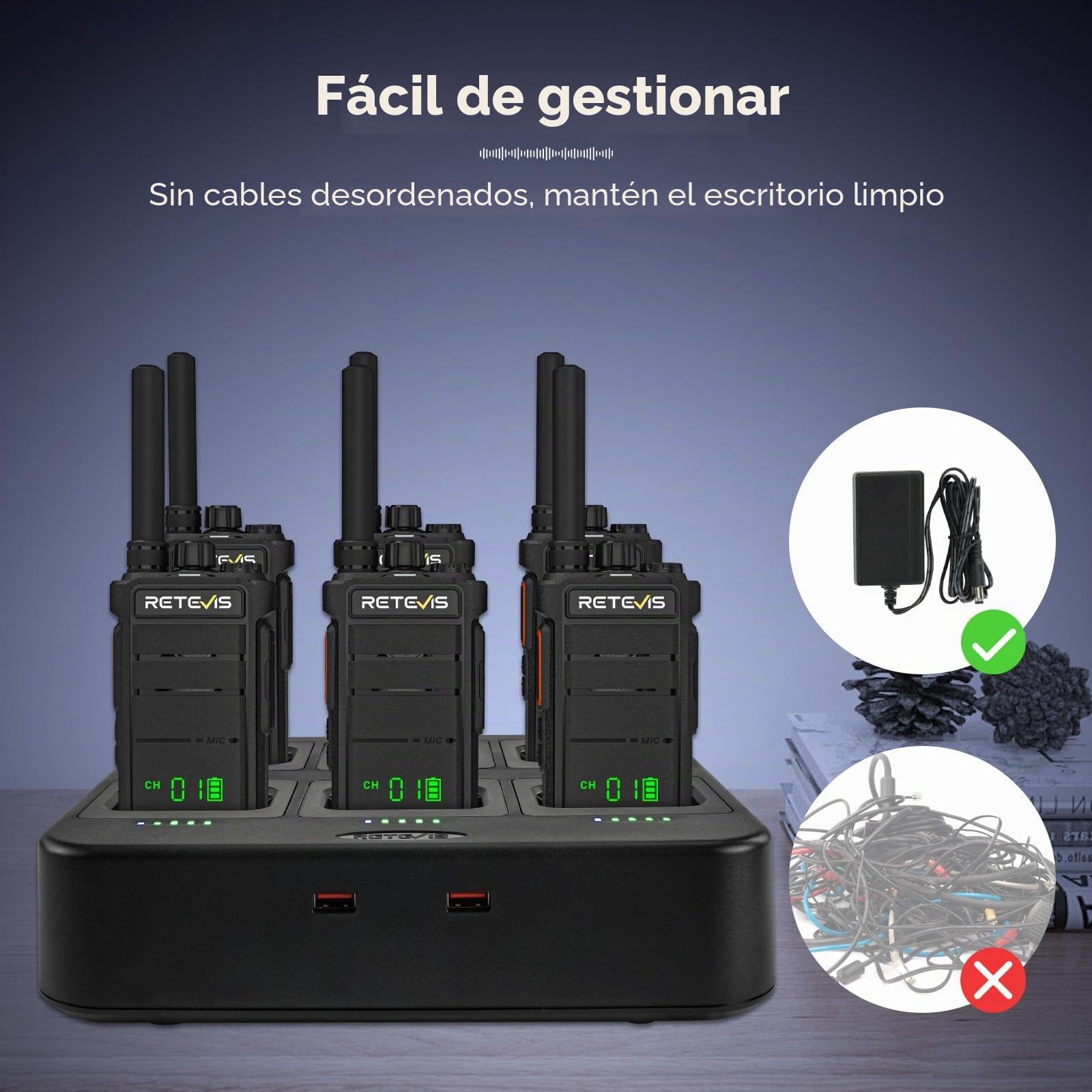 Retevis RB626H Walkie Talkie Largo Alcance, Profesionales Radio Bidireccionales Cargador de 6 Vías Carga Rápida, 2000mAh, VOX, Walkie Talkie Portátil para Seguridad, Escuelas(Negro, 6 Piezas)