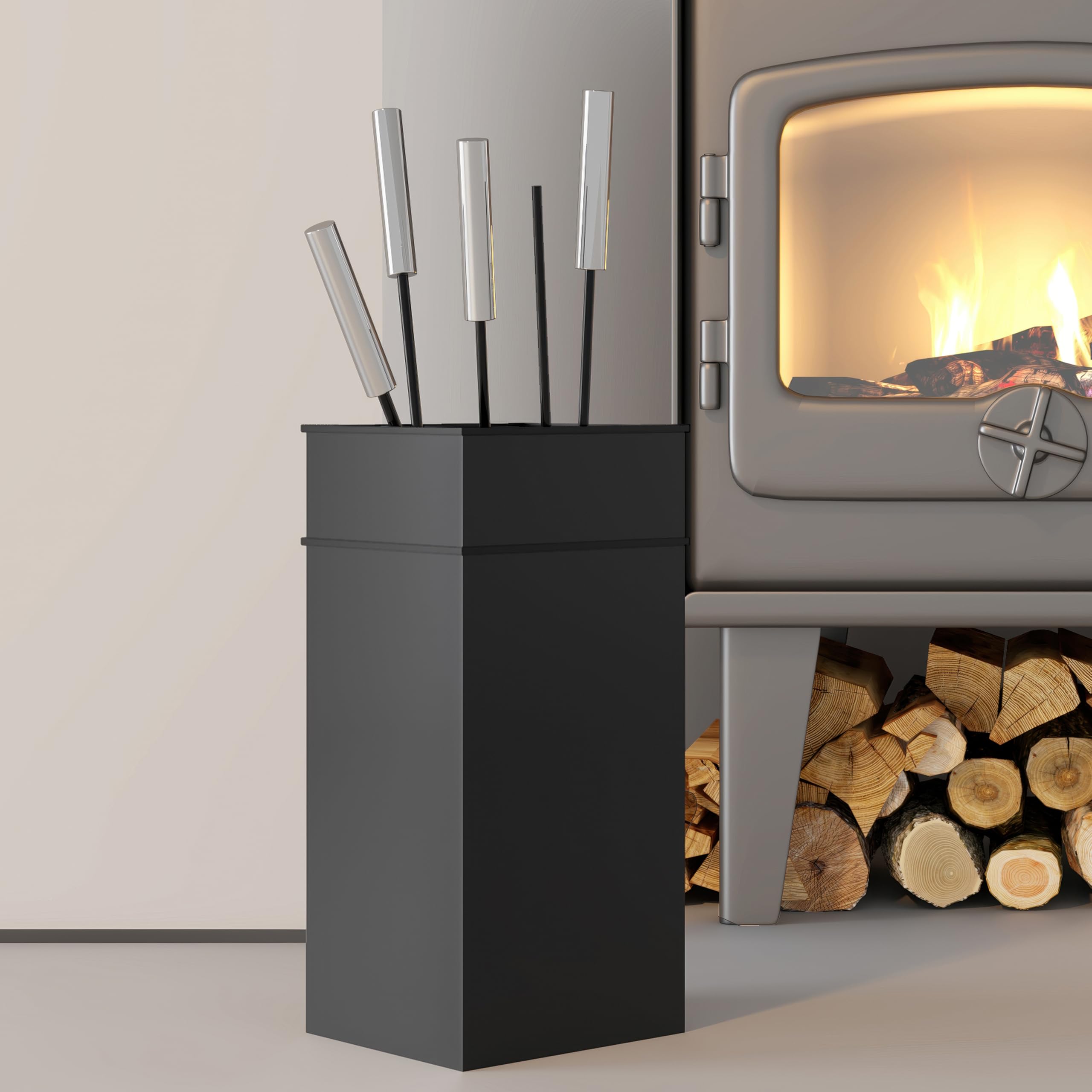 Juego de elegantes herramientas para chimenea de Kingsons Incluye cepillo, pala, atizador y pinzas con mangos de acero inoxidable Diseño elegante para quemadores de leña y chimeneas Set de accesorios