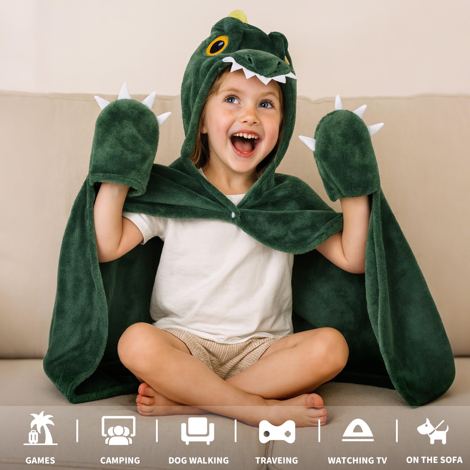 MSISILY Coperta indossabile con cappuccio con maniche – Coperta con dinosauro calda e accogliente coperta di flanella, regalo di compleanno per Natale