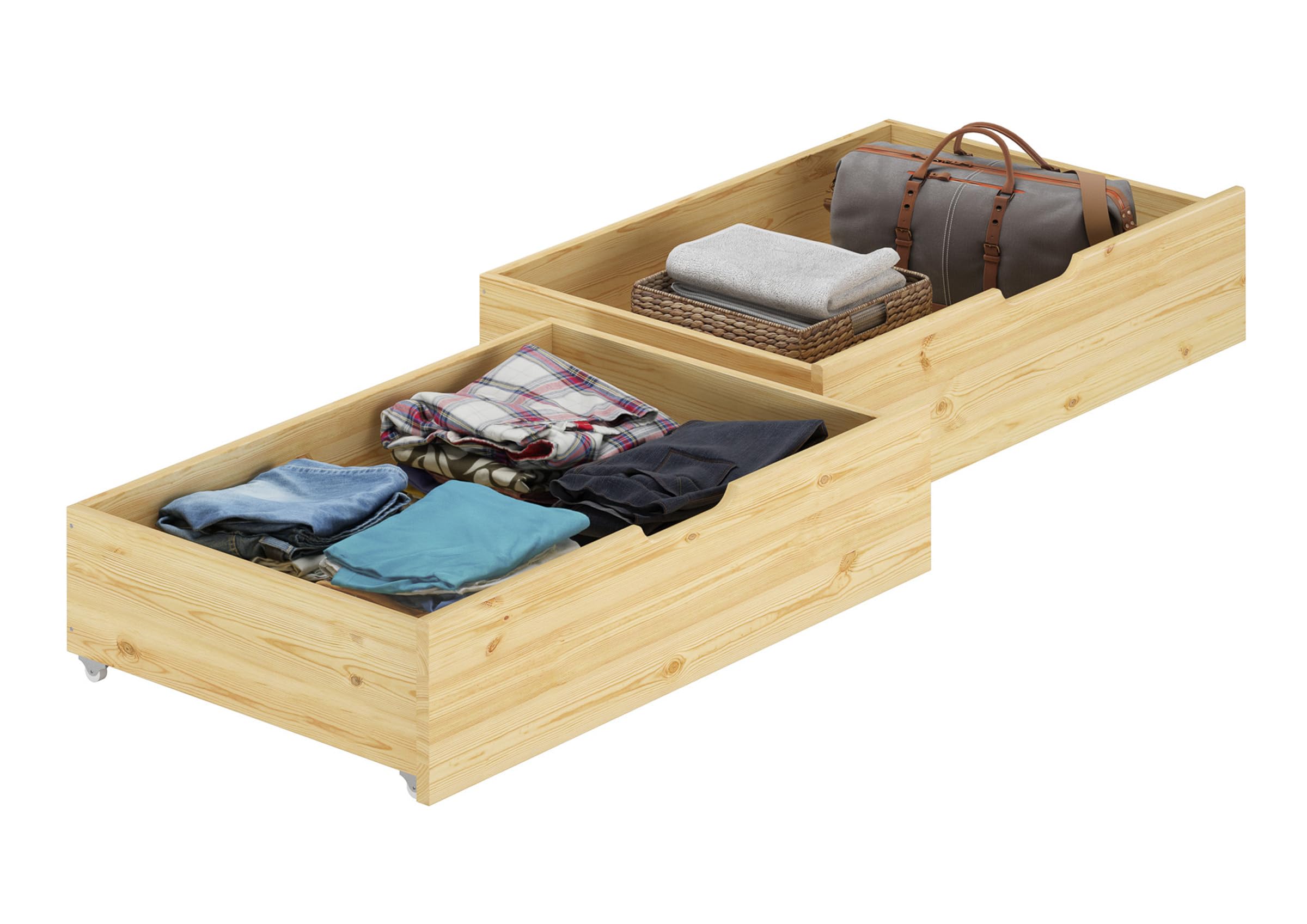 Erst-Holz Doppelbettkasten 2 Bettschubladen Kiefer massiv mit Rollen