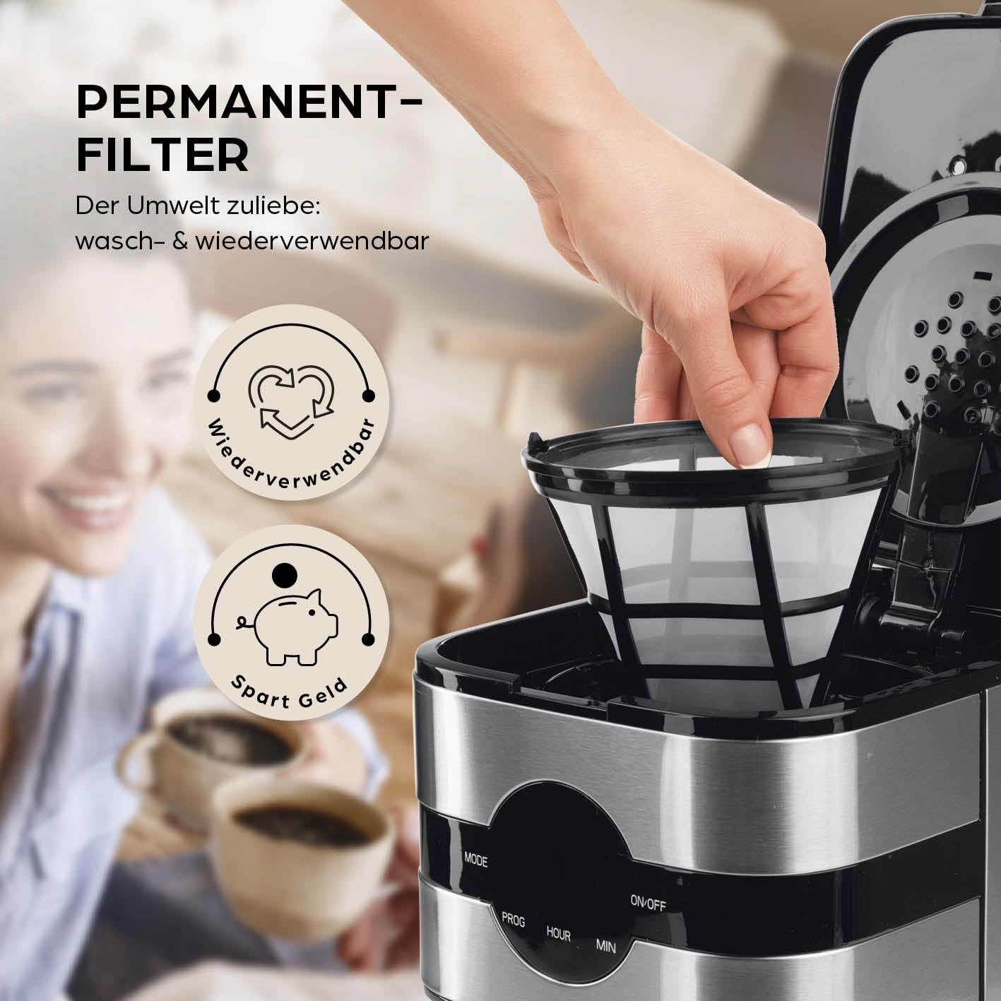 Barista - Cafetera con filtro con jarra aislada, temporizador de 24 horas y filtro permanente, para 8 tazas de café, cafetera para polvo [acero inoxidable]