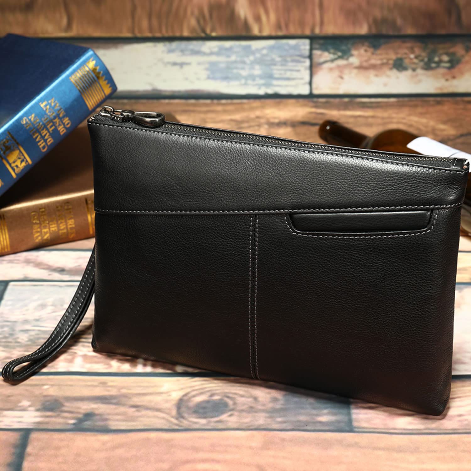 Bolsa de Mano para Hombres en Cuero de Grano Calidad, Formal Bolsa Business con Correa de Mano, Cartera de Mano para Teléfono Móvil y Tableta de Hasta 9,7 Pulgadas, Bolso Clutch de Hombre