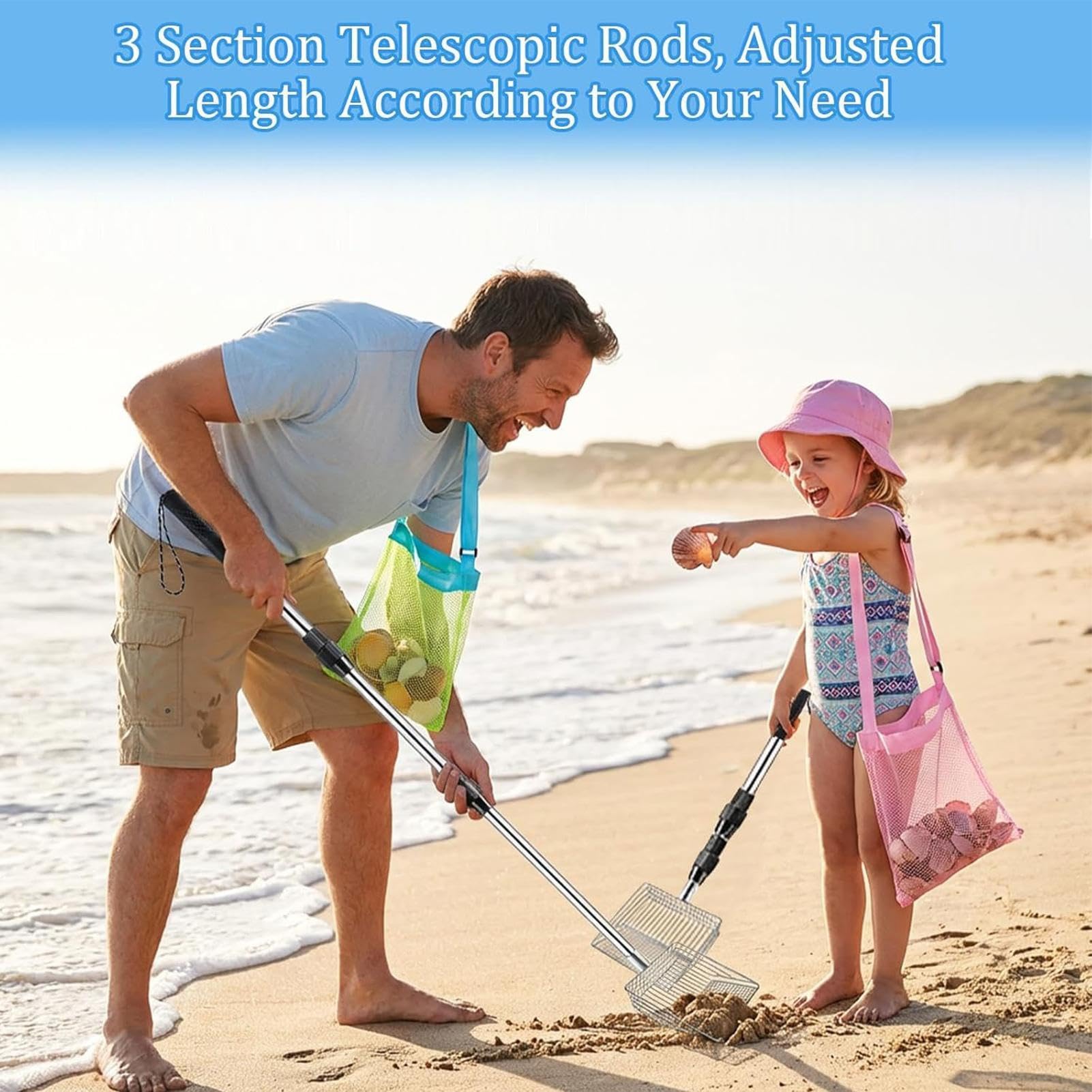 Lot de 2 tamis à dents de requin avec poignée extensible, pelle à sable en acier inoxydable, pelle de plage, tamis à sable réglable pour litière de chat (A
