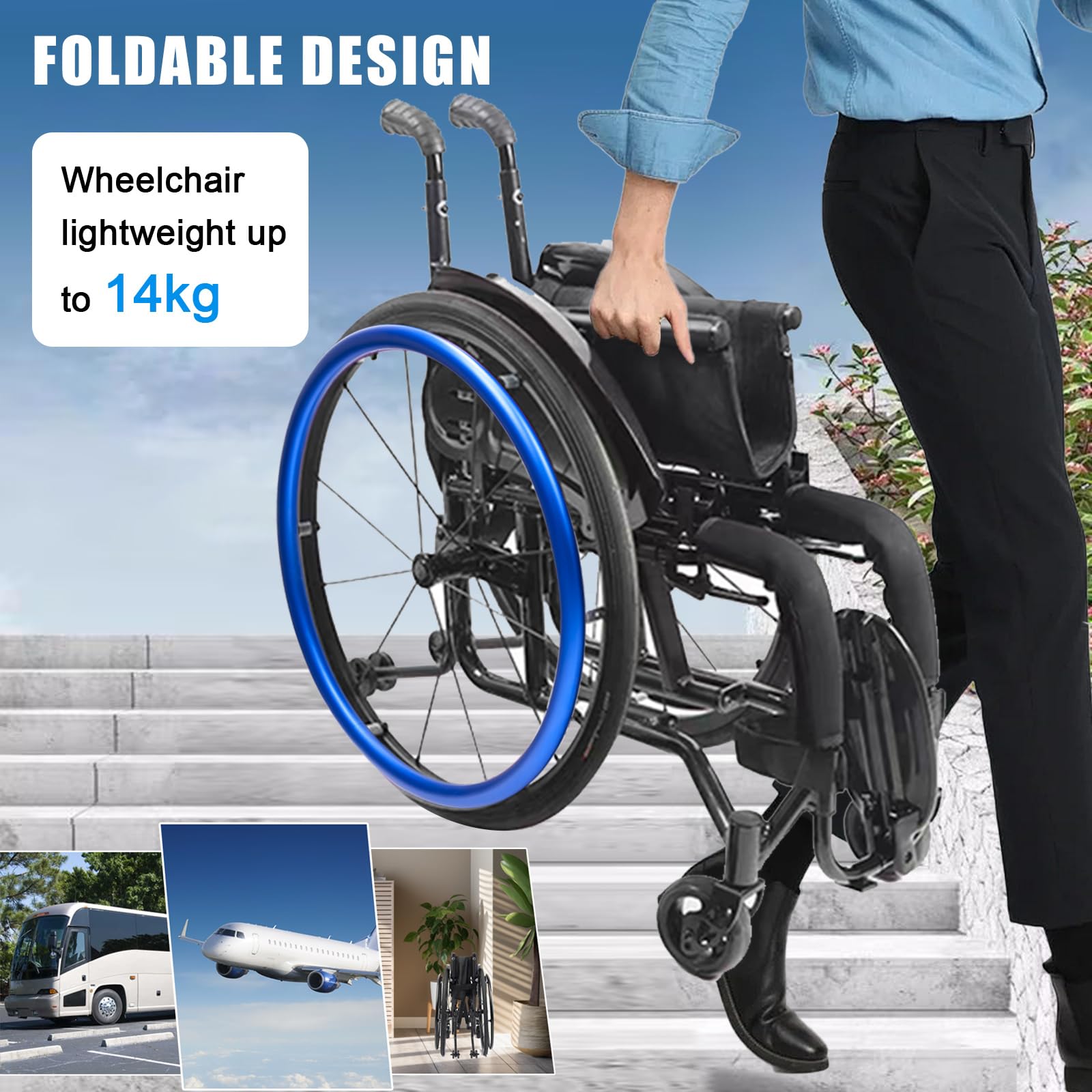 Sedia a rotelle Sportiva, Sedia a rotelle ergonomica Pieghevole per Il Trasporto, Lega di Alluminio Leggera, Ruote Posteriori a sgancio rapido, Design Portatile e Compatto