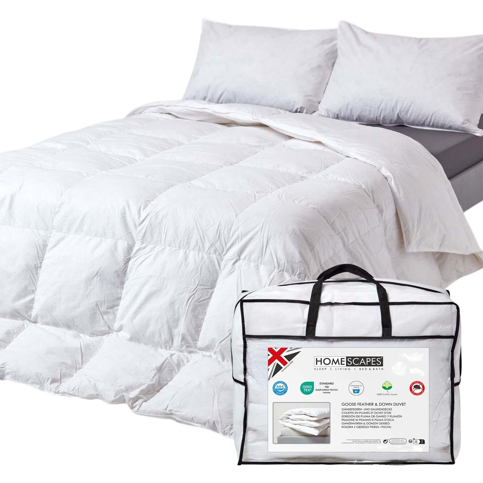 HOMESCAPES Piumino estivo ultra leggero 260 x 220 cm in piume e piumino d'oca 2,5 Tog certificato Oeko-TEX – lavabile in lavatrice e ipoallergenico – 2 persone