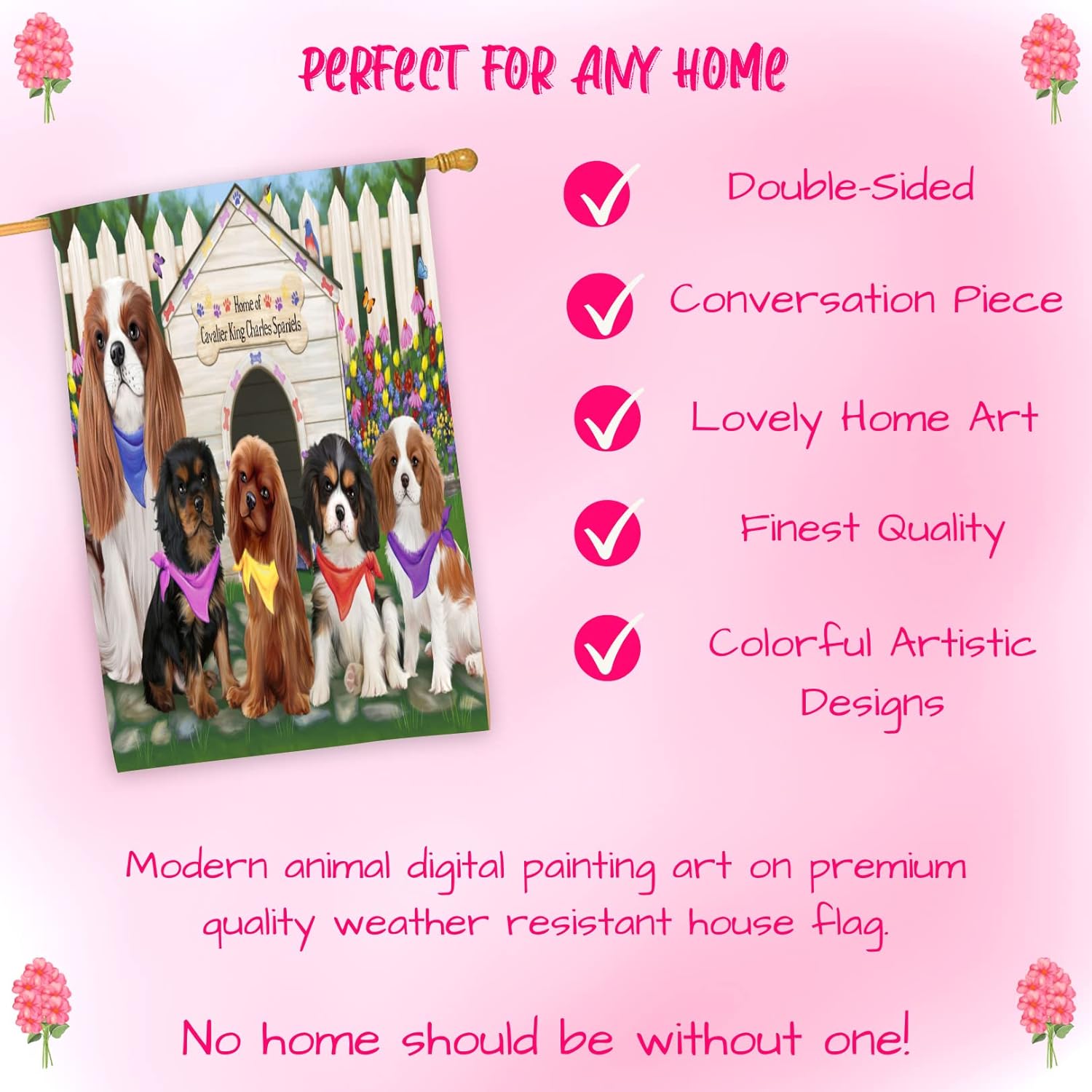 Spring House Cavalier King Charles Spaniel Dogs House Flag - Outdoor Double Sided Pet Portrait Weather Resistant Premium Quality Home Decorative Flags - 100% Polyester 29"w x 43"h