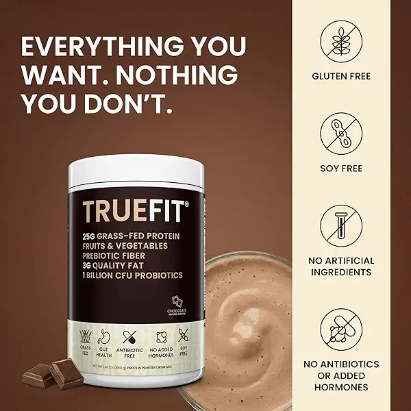 TrueFit High Fiber Protein Powder, Grass-Fed Whey Meal Replacement Shake with Prebiotics, Probiotics, & Organic Superfoods, Keto Friendly, Gluten Free 6