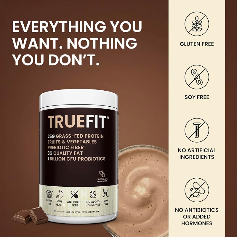 TrueFit Grass-Fed Whey Protein Powder with Fiber for Meal Replacement Shake | 25g Protein, Prebiotic Fiber, Probiotics, Superfoods - Gut Friendly Chocolate Protein for Weight Management, Muscle Building image 6