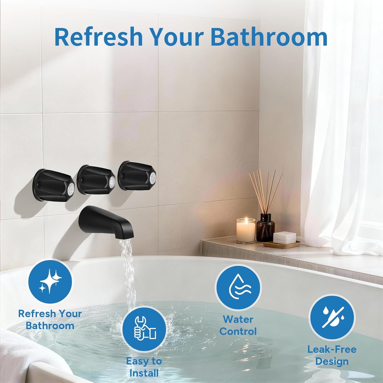 Metal Matte Black Shower Knob 3 Piece Replacement, 12 Tooth Bathtub Knobs Includes Hot/Cold/Diverter Flange Bases, Shower Knobs Faucet Trim Kit Compatible with Price/Pfister Verve