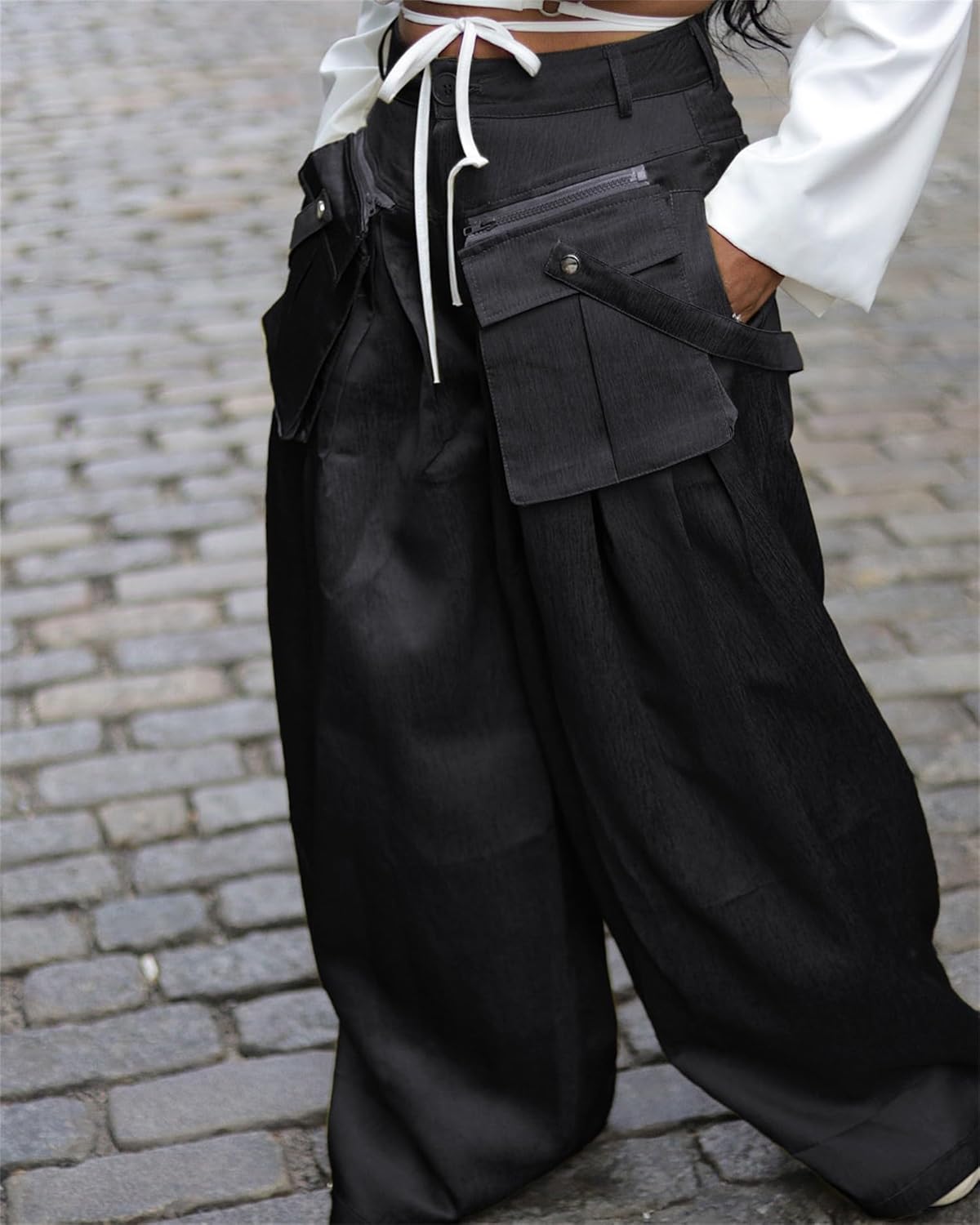 Women's Cargo Pants High Waisted Satin Flowy Pants Wide Leg Casual Pants - Image 3