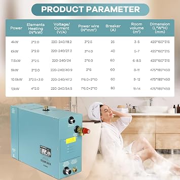 6KW Commercial Self-Draining Steam Generator Shower System Home Steam Bath Spa Generator 30 min to 12 Hours Auto Drain 95-131F for Suitable Space Heating 6 m3/212Cubic feet(6KW)