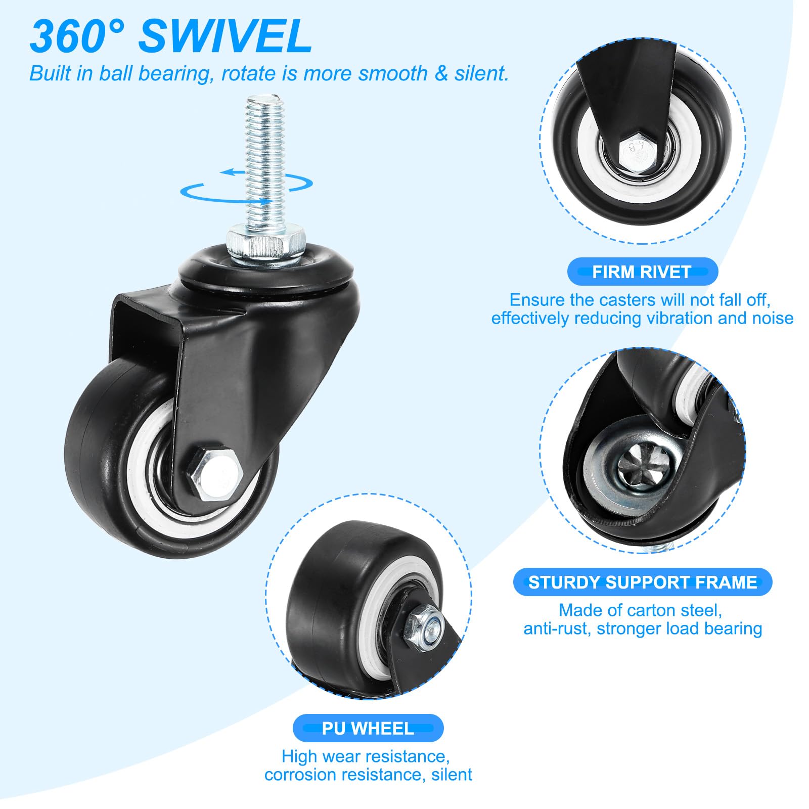 PATIKIL 1 Inch Stem Casters, 4 Pack Wire Shelf Caster Wheels Threaded Swivel Stem Wheels Wire - View #7