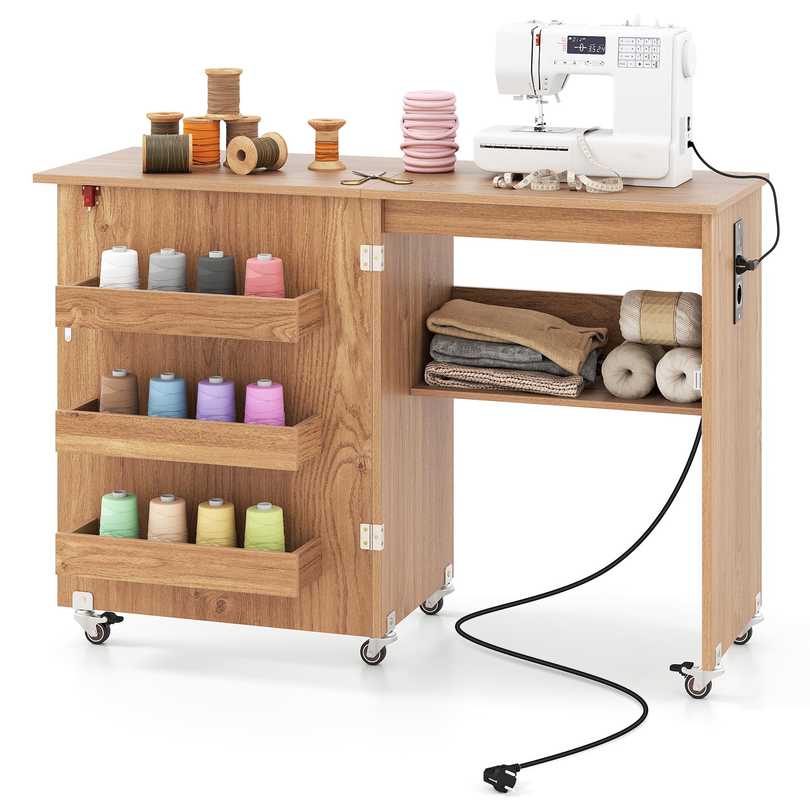 FANTASK Table à Coudre Pliable 2 en 1 avec Station de Charge, étagères et Roues verrouillables, Table de Couture en Bois, Station de Bricolage Polyvalente pour Salon, Chambre à Coucher (Naturel)