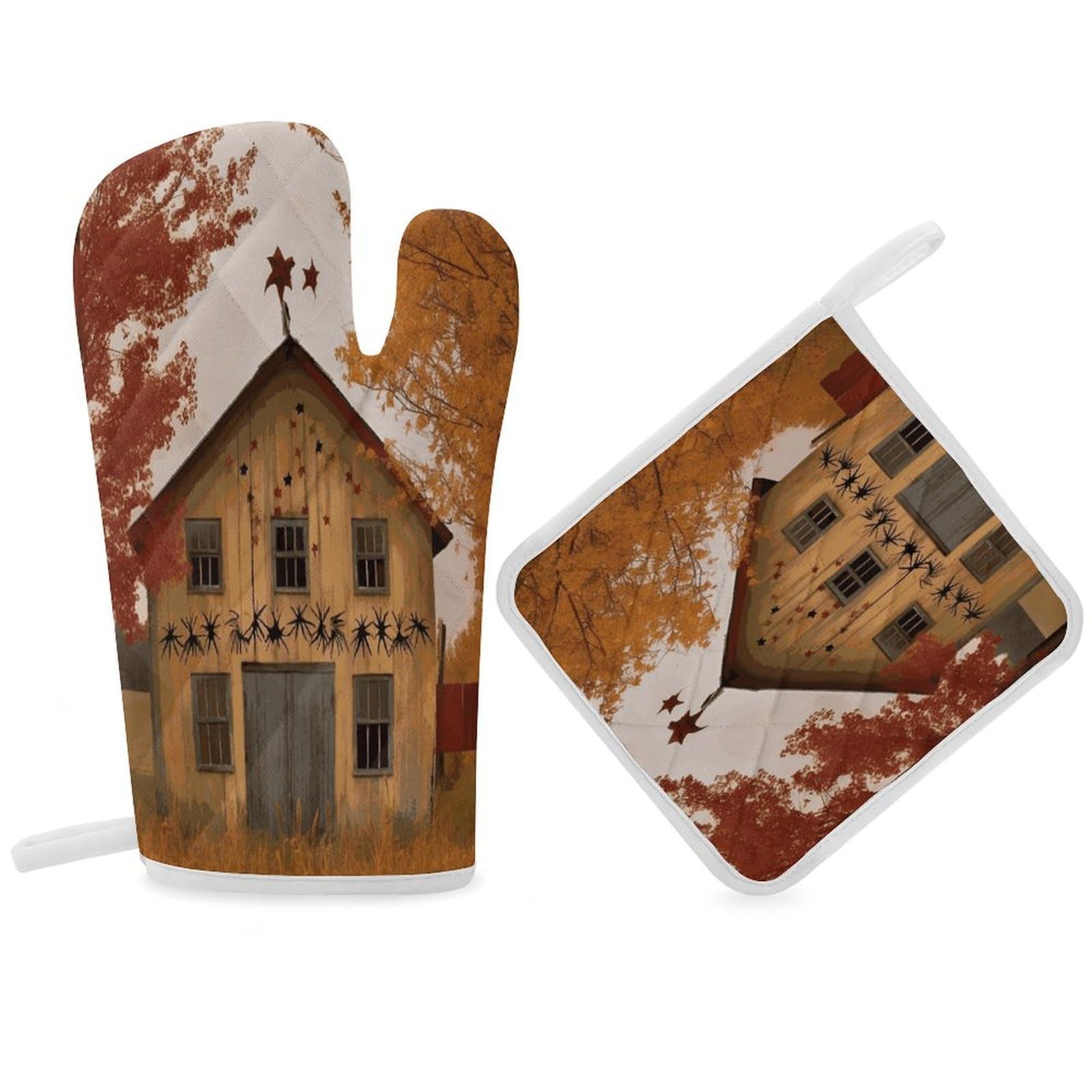 Fodpand Women's Style Fall Country Barn Oven Mitts And Pot Holders Sets,Oven Gloves For Kitchen Oven Mitts And Potholders For Baking Cooking Grilling Apartment Essentials