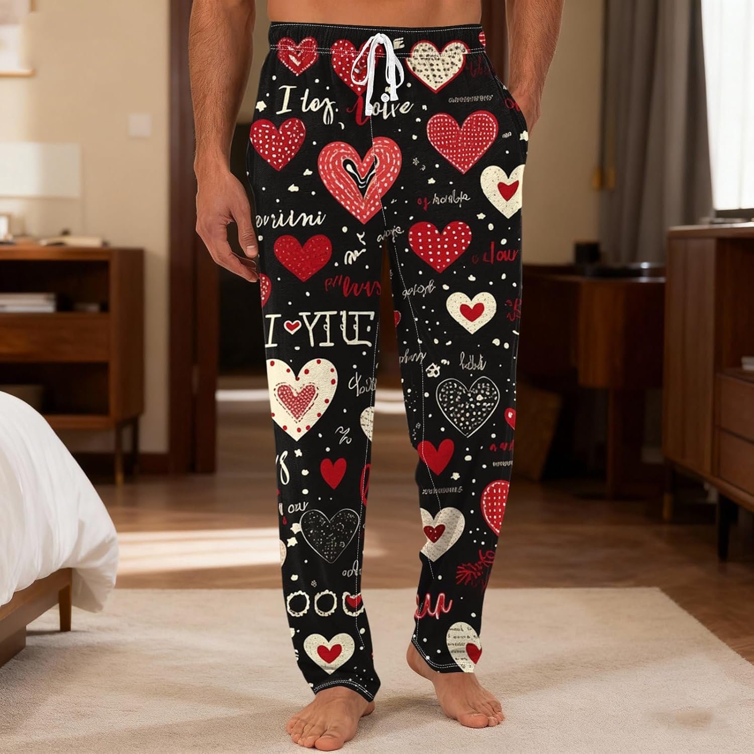 Men's Valentine's Heart Print Pajama Pants Lounge Sleep Bottoms Drawstring and Pockets PJ Pants - Image 2