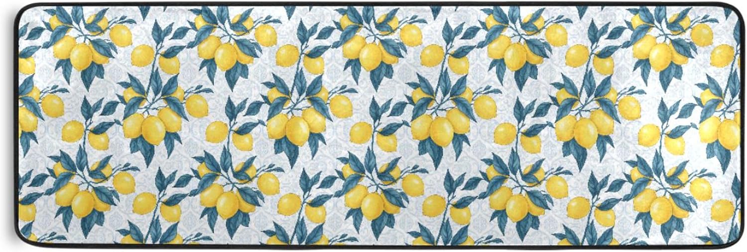 MNSRUU Long Runner Rug for Hallway Citrus Yellow Lemon Green Leaves and Flowers Area Rug Indoor Runner Mat Entry Carpet for Corridor Kitchen Floor 2x6 FT