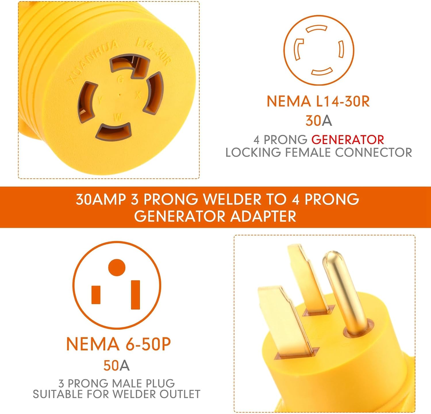 Kanayu NEMA 6-50P to L14-30R 30 Amp Welder Adapter, 50 A 6-50P Male to 30A L14-30R Female, 3 Prong Welding Outlet to 4 Prong Generator Locking Plug Generator to Welder Adapter