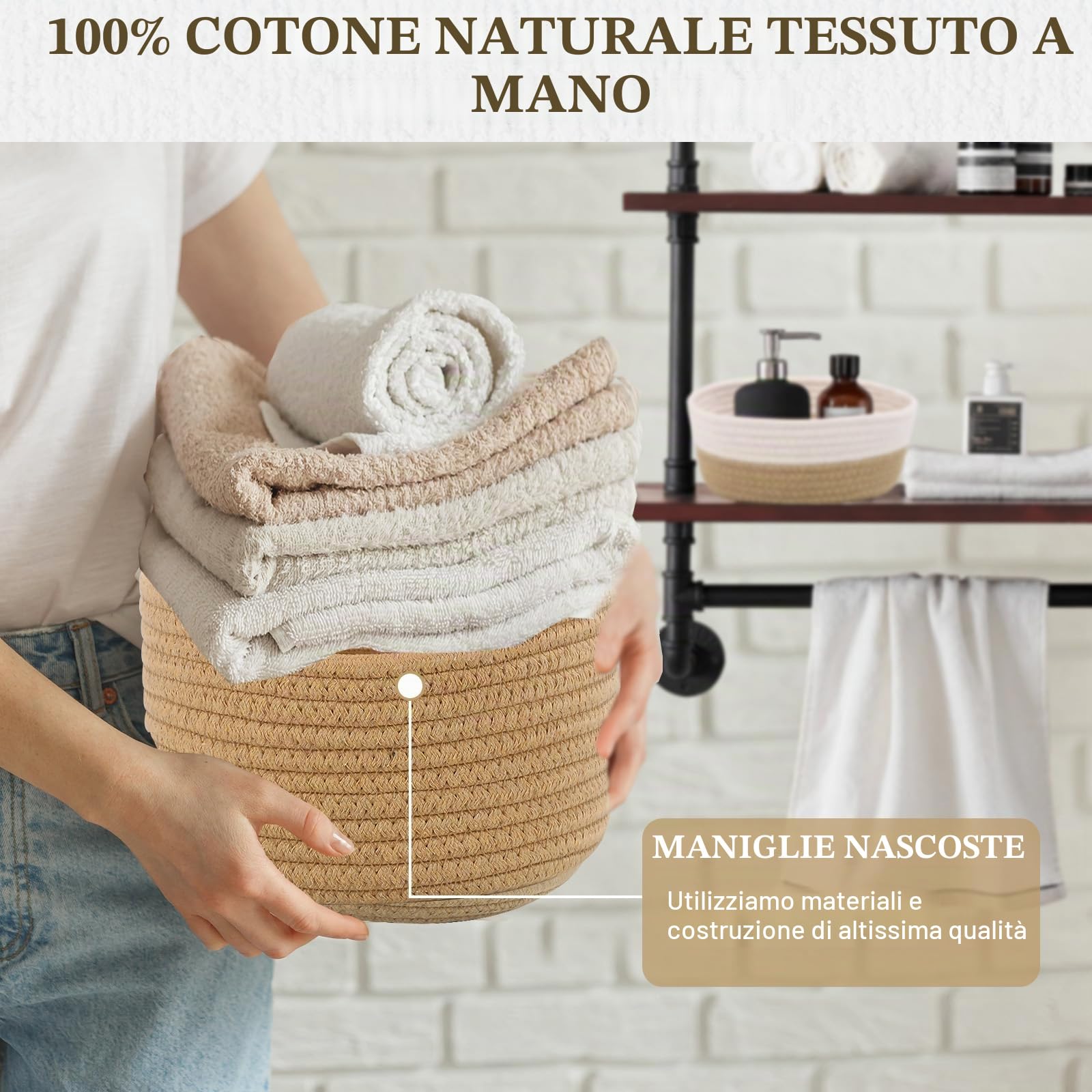 Cestini Portaoggetti, Set di 5 Piccoli Cestini in Cotone Intrecciato per Camera, Bagno e Mensole,Corda di Cotone per Bambini Bambina,Impilabile Organizer Fasciatoio