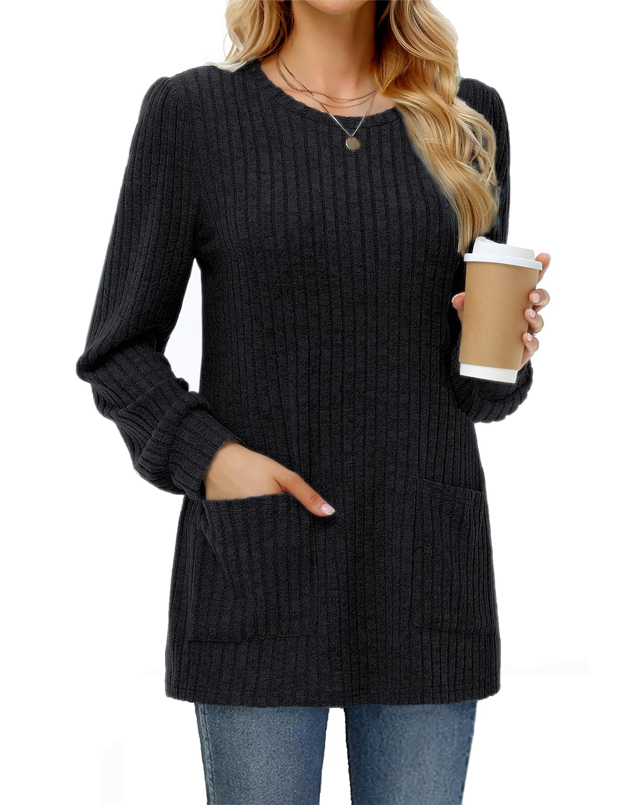Tanmolo Damen Leichte Pullover Casual Rundhals Langarm Shirts mit Taschen Strickpullover Herbst Tunika Winter Oberteile