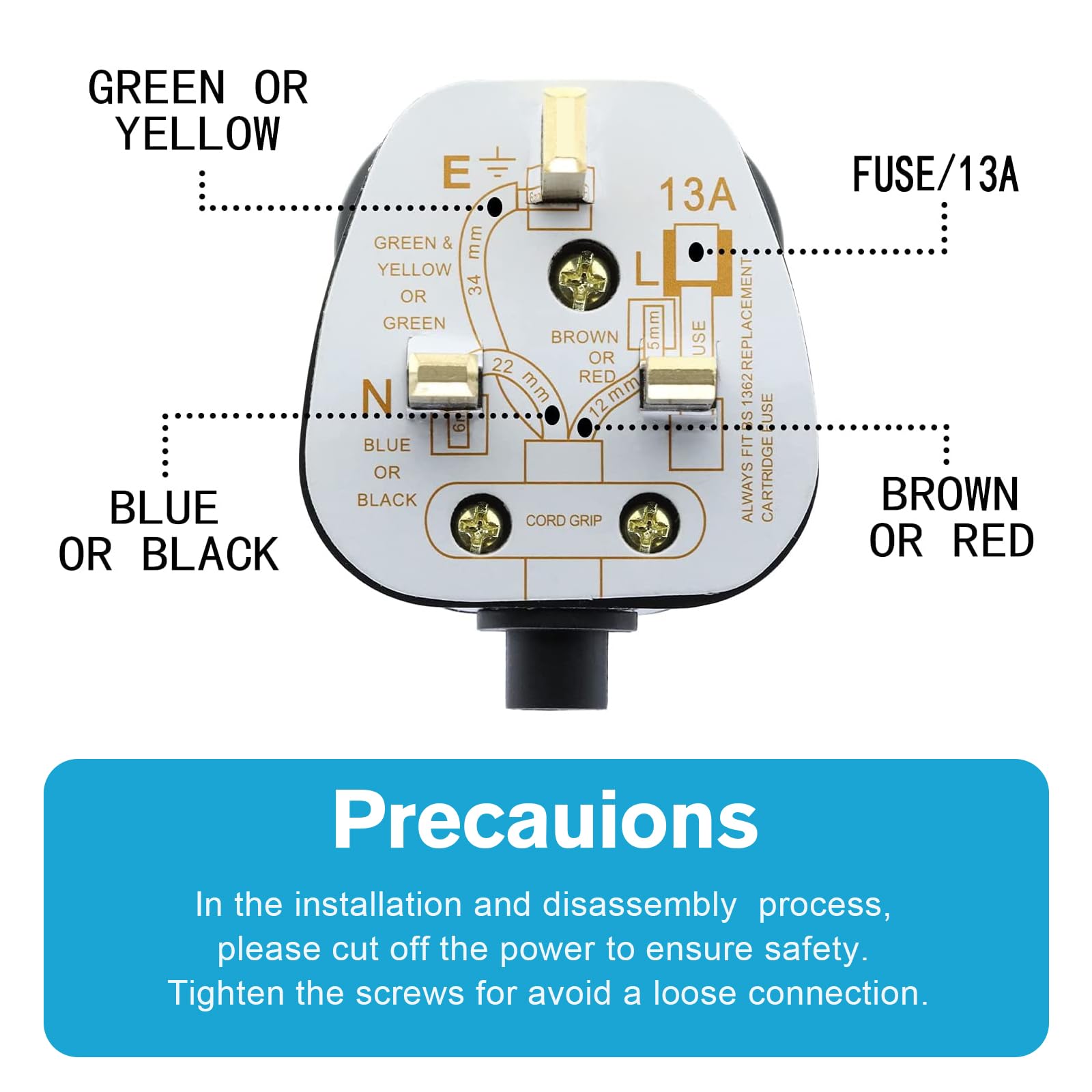 UK Plugs with 13 AMP Fused, 3 pin Mains Plug with Cord Grip Rewireable Heavy Duty Electrical Plug, Rubber Composite Plug - Image 2