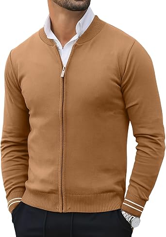 Lexiart Mens Casual Cardigan Sweaters Knitted Stand Collar Slim Fit Full-Zip Warm Jacket