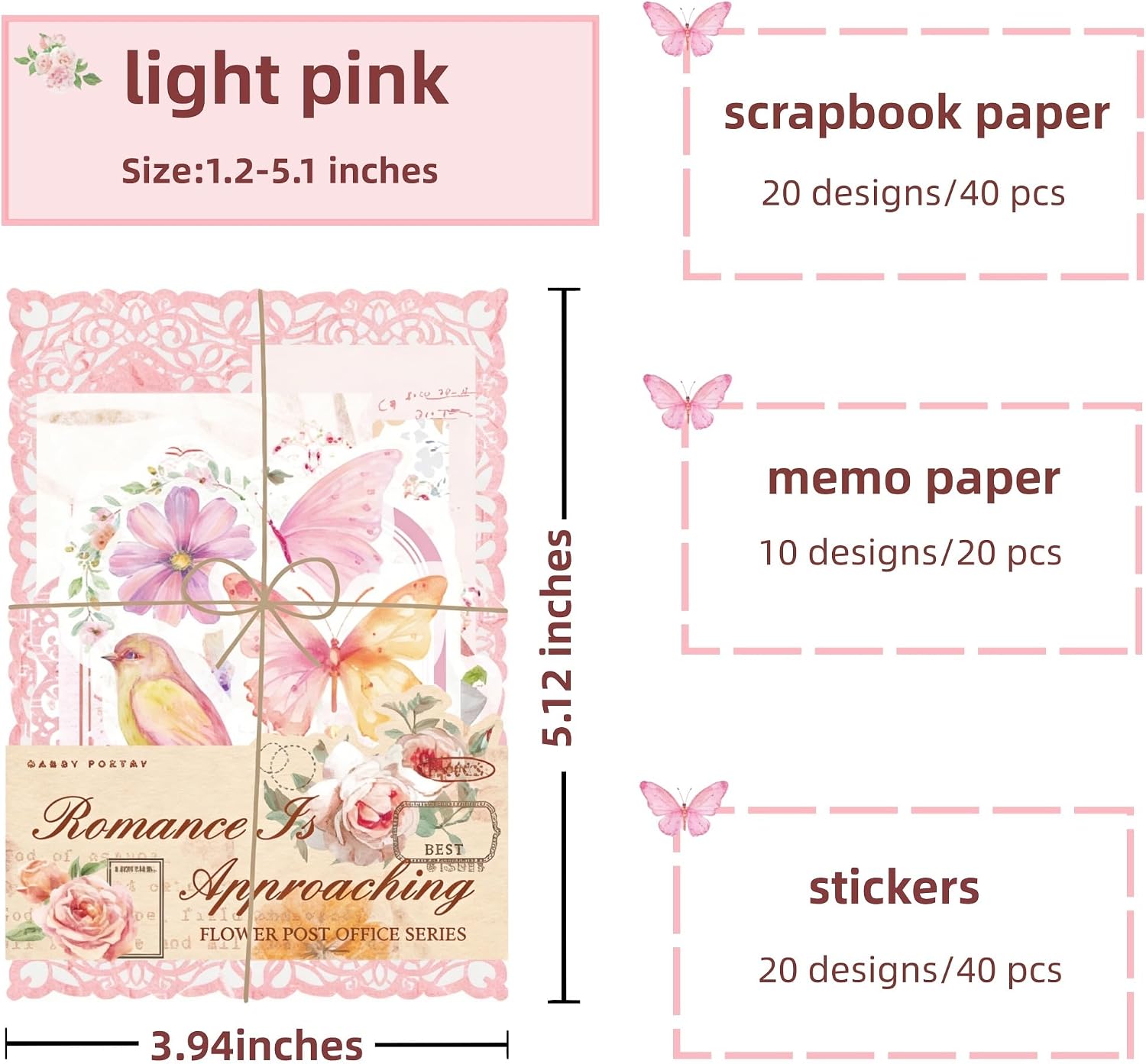 100Pcs Light Pink Vintage Scrapbook Paper & Journaling Stickers Set, Mix Sizes Antiqu Printed Craft Paper, Retro Floral Design Junk Journal Supplies for DIY Card Making, Journaling, Photo Album