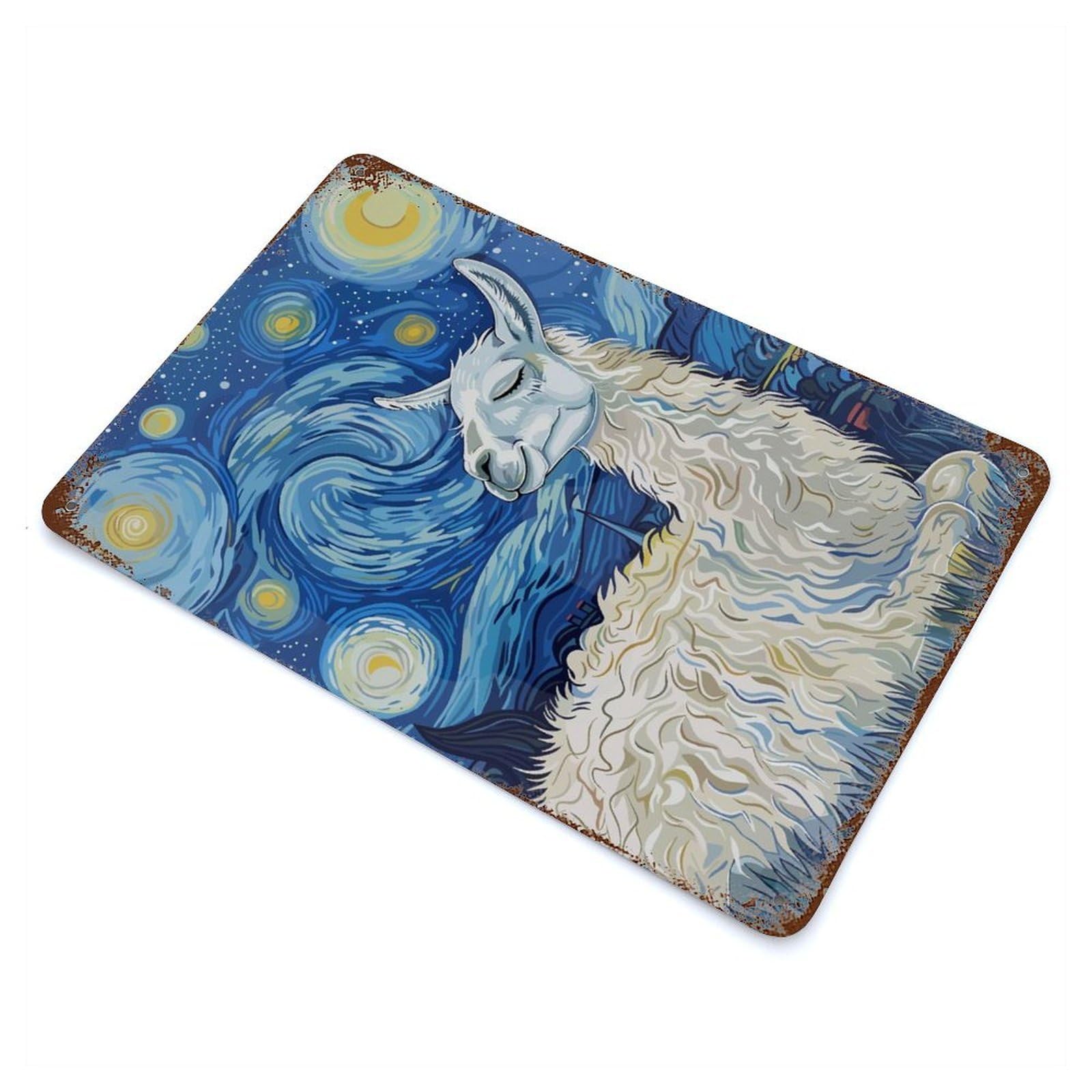 Llama in Starry Night Decorative Tin Sign 11.8"x7.9", for Bistro, Counter And Cafe Decor, Retro Wall Decor