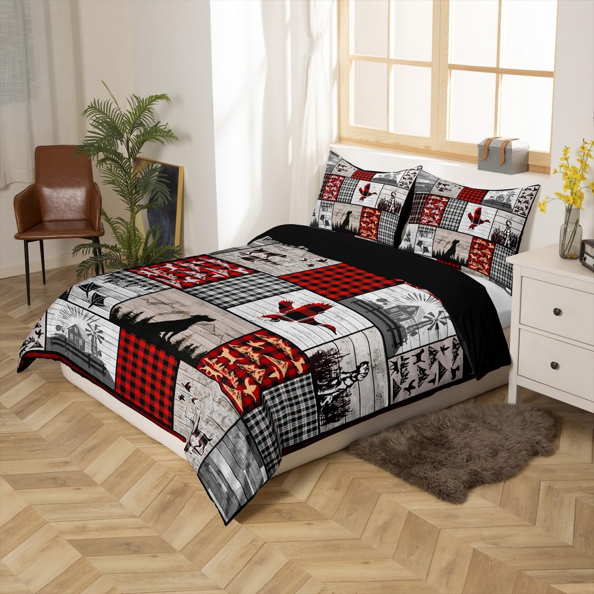 Feelyou Duck Hunting Dog Duvet Cover Plaid Rustic Cabin Bedding Set Mallard Duck Comforter Cover for Boys Girls Geometric Checkered Camping Hunting Bed Set Twin Size with 1 Pillow Case (No Comforter)