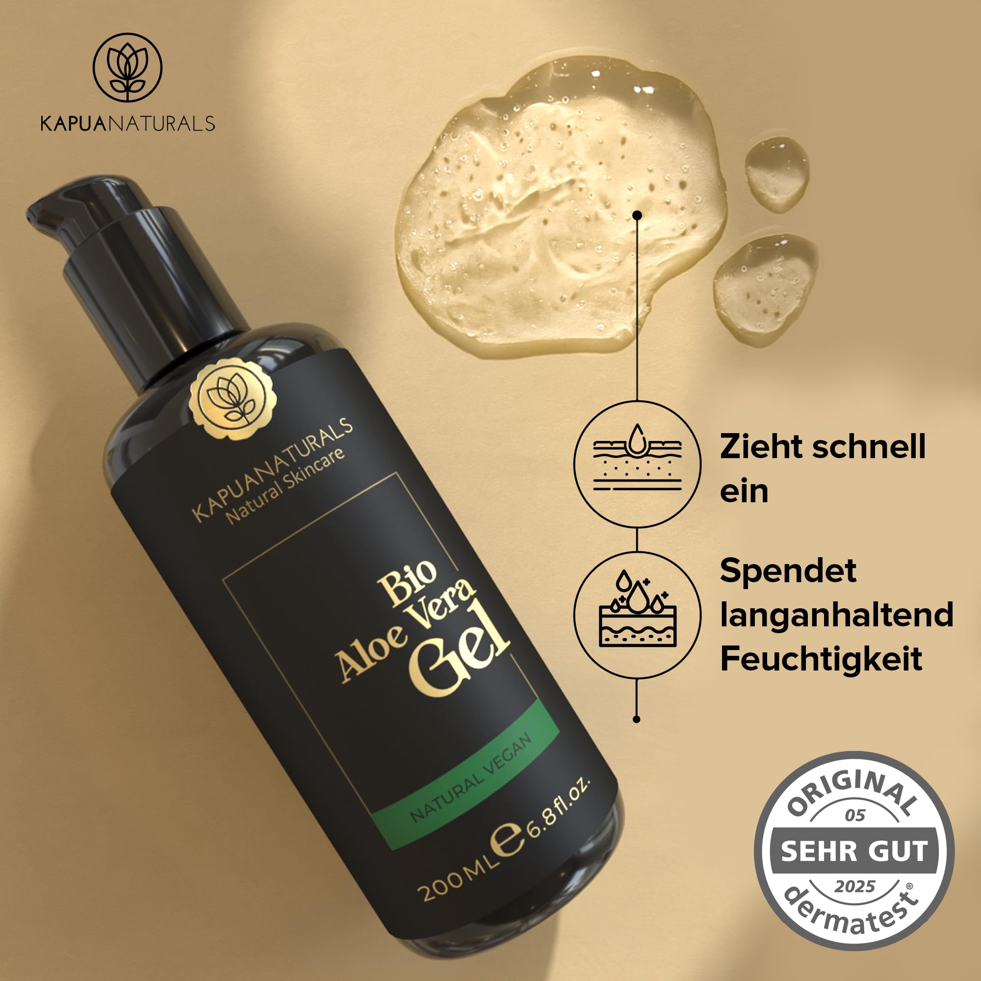 Aloe Vera Gel 100 Prozent BIO • 100 % reiner Aloe Vera Saft • Mit Hyaluronsäure & Panthenol • Vegan & ohne Duftstoffe • Aloe Vera Gel pur für Gesicht & Körper • After Sun Pflege • Made in Germany