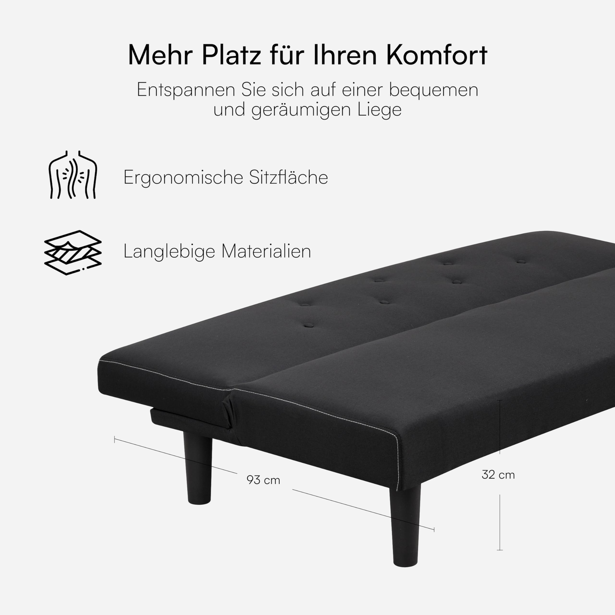 Baroni Home 3-Sitzer Stoff Sofa Bett umwandelbar in Polsterbett, Liegesofa mit Kunststoffbeinen für Wohnzimmer, Gästezimmer, Öffnet 93 cm, 167x70x77 cm (Schwarz)