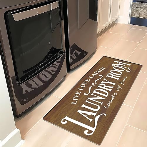LEVINIS Alfombra de lavandería estilo casa de campo de 48 x 20 pulgadas, decoración vintage de madera para cuarto de servicio, antideslizante, para