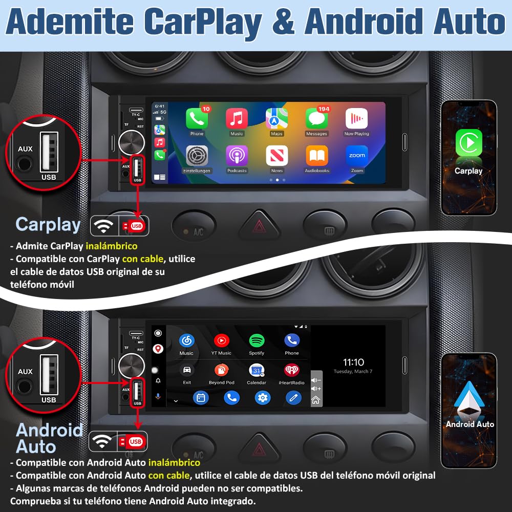 Radio de Coche 1 DIN Universal con Carplay y Android Auto Inalámbrico,Autoradio 1 DIN con Pantalla Táctil de 6.36 Pulgadas y Cámara Trasera, Admite Bluetooth/Mandos Volante/FM/USB/TF