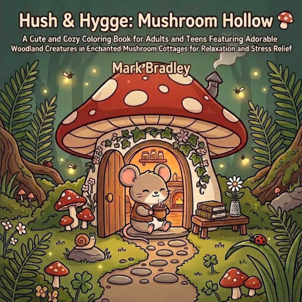 Hush & Hygge: Mushroom Hollow: A Cute and Cozy Coloring Book for Adults and Teens Featuring Adorable Woodland Creatures in Enchanted Mushroom Cottages for Relaxation and Stress Relief