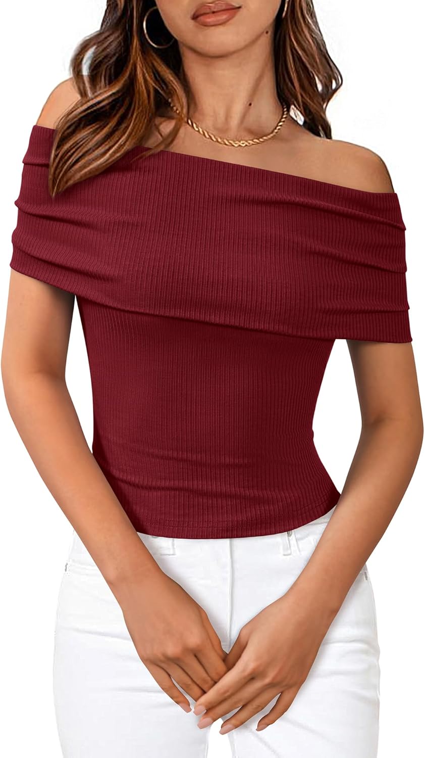 BTFBM Women's Off Shoulder Summer Tops 2025 Ribbed Knit T Shirts Short Sleeve Stretchy Slim Fit Trendy Going Out Top - (color: Wine Red, size: Small)