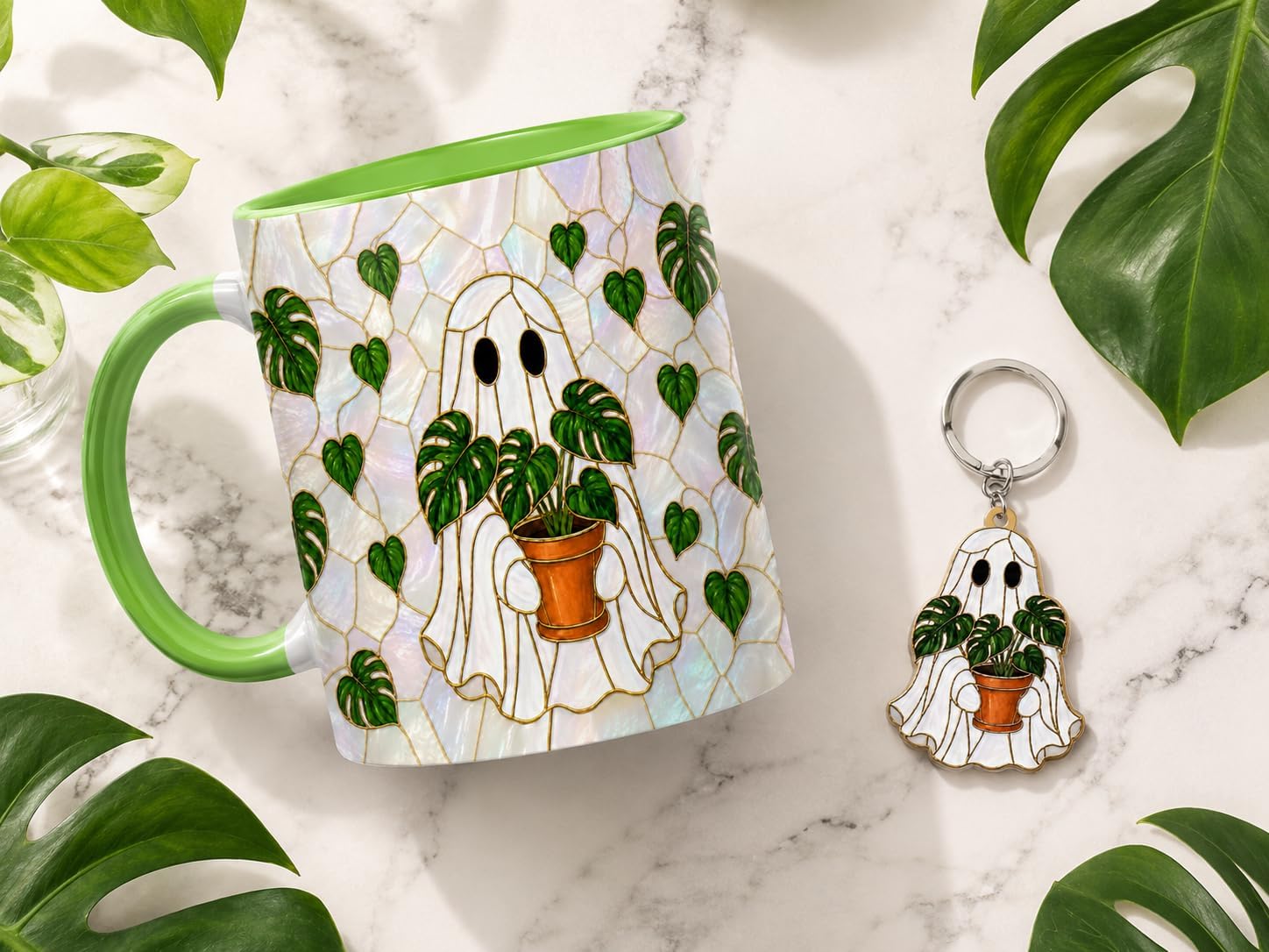 Hyturtle Cute Ghost Plant Mug 11 Oz and Keychain Halloween Gifts for Women image 2