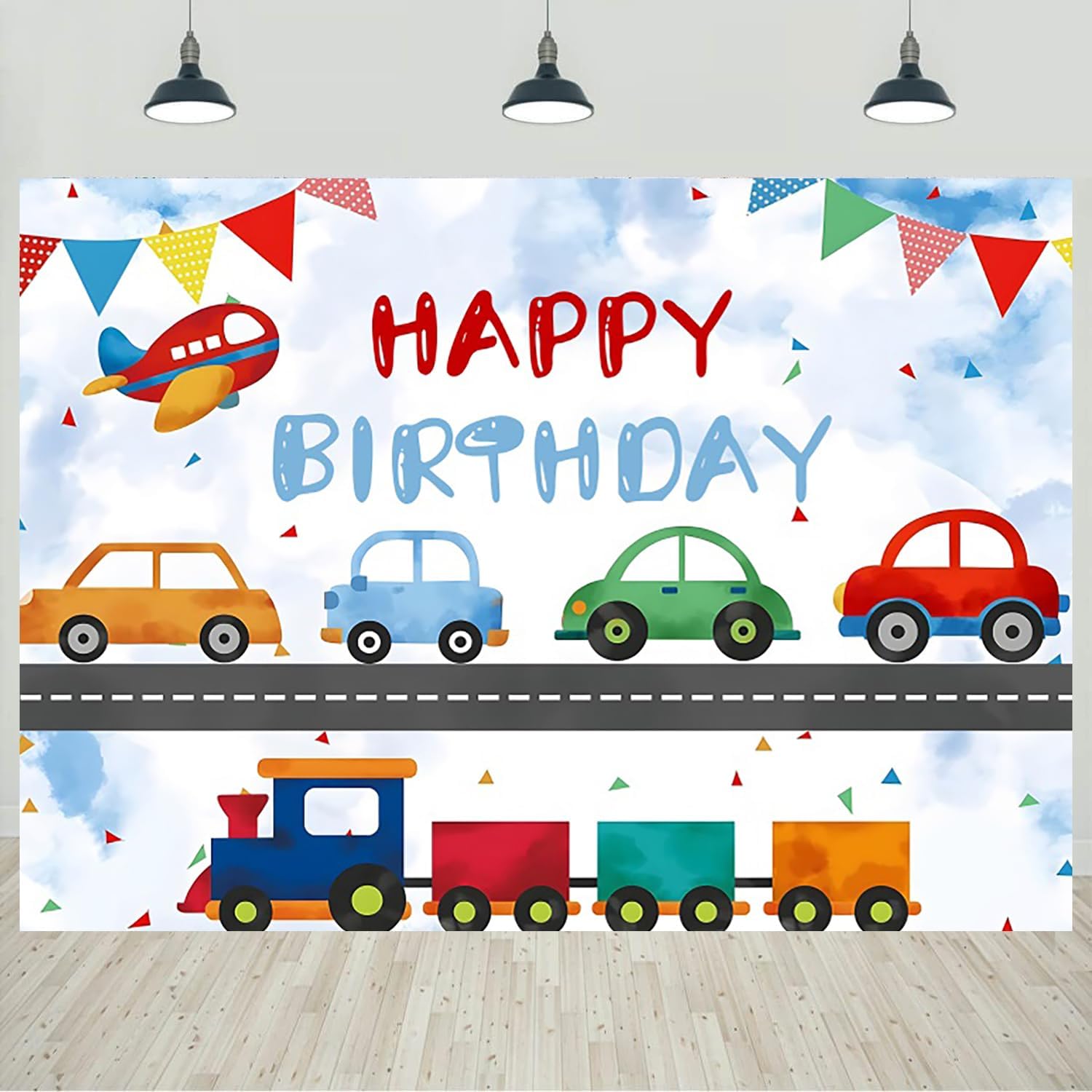 7x5ft Transportation Birthday Backdrop Cartoon Cars Train Boy Birthday Party Photography Background for Kids Boys Birthday Decorations Portraits